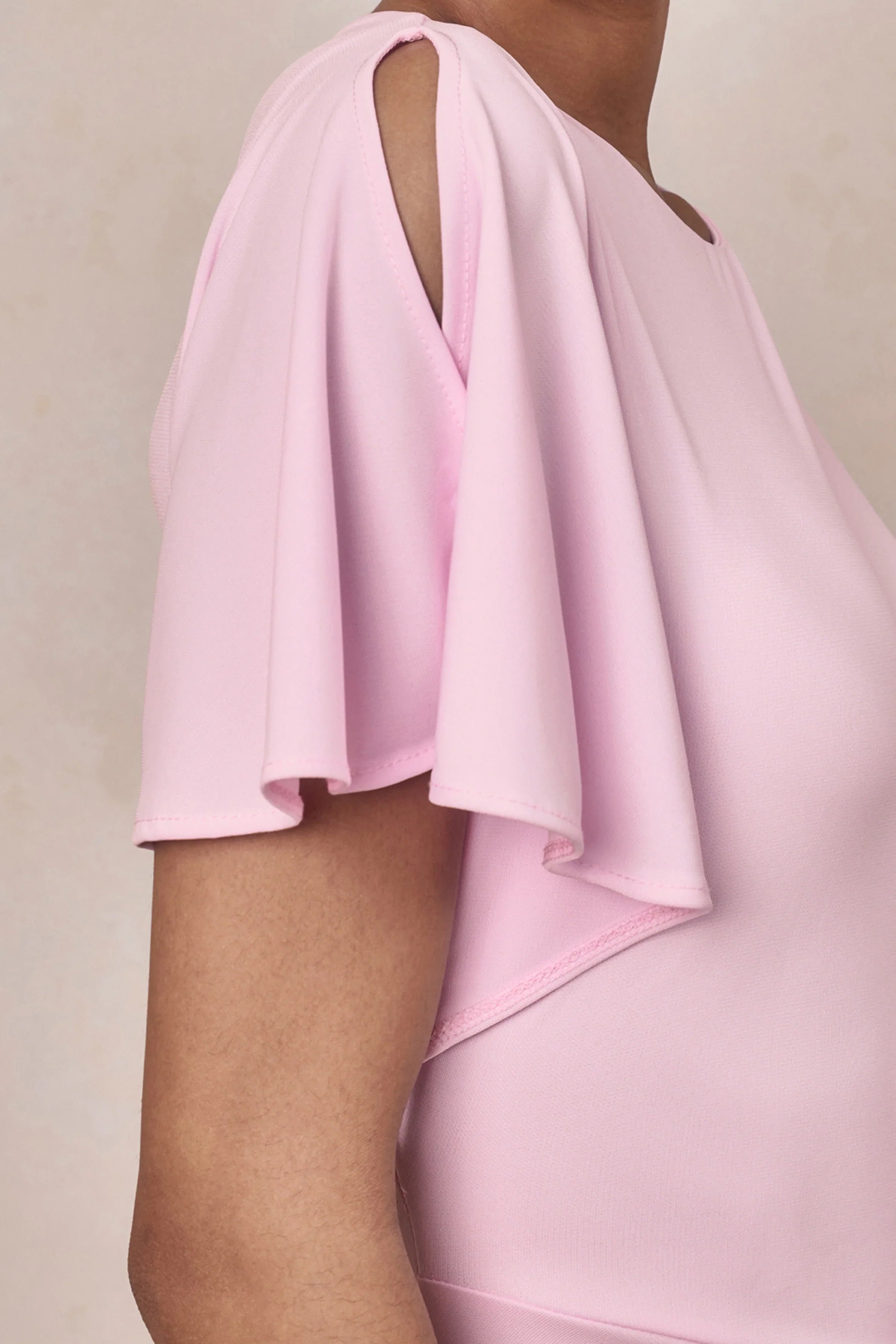 Grandeur Pale Pink High Neck Ruched Maxi Dress
