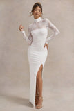 Arden White High Neck Split Maxi Dress With Lace Sleeves