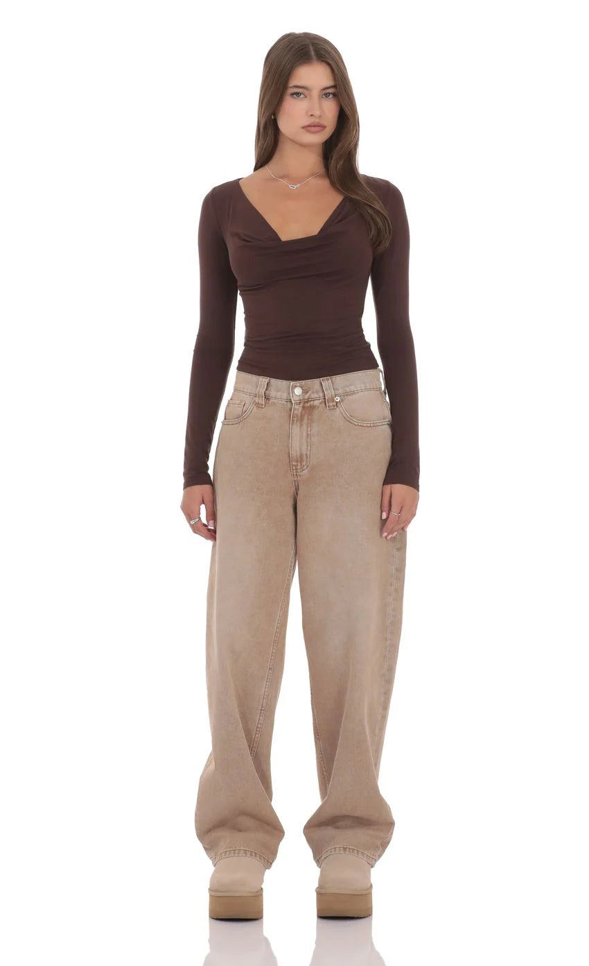 Cowl Neck Long Sleeve Top in Brown
