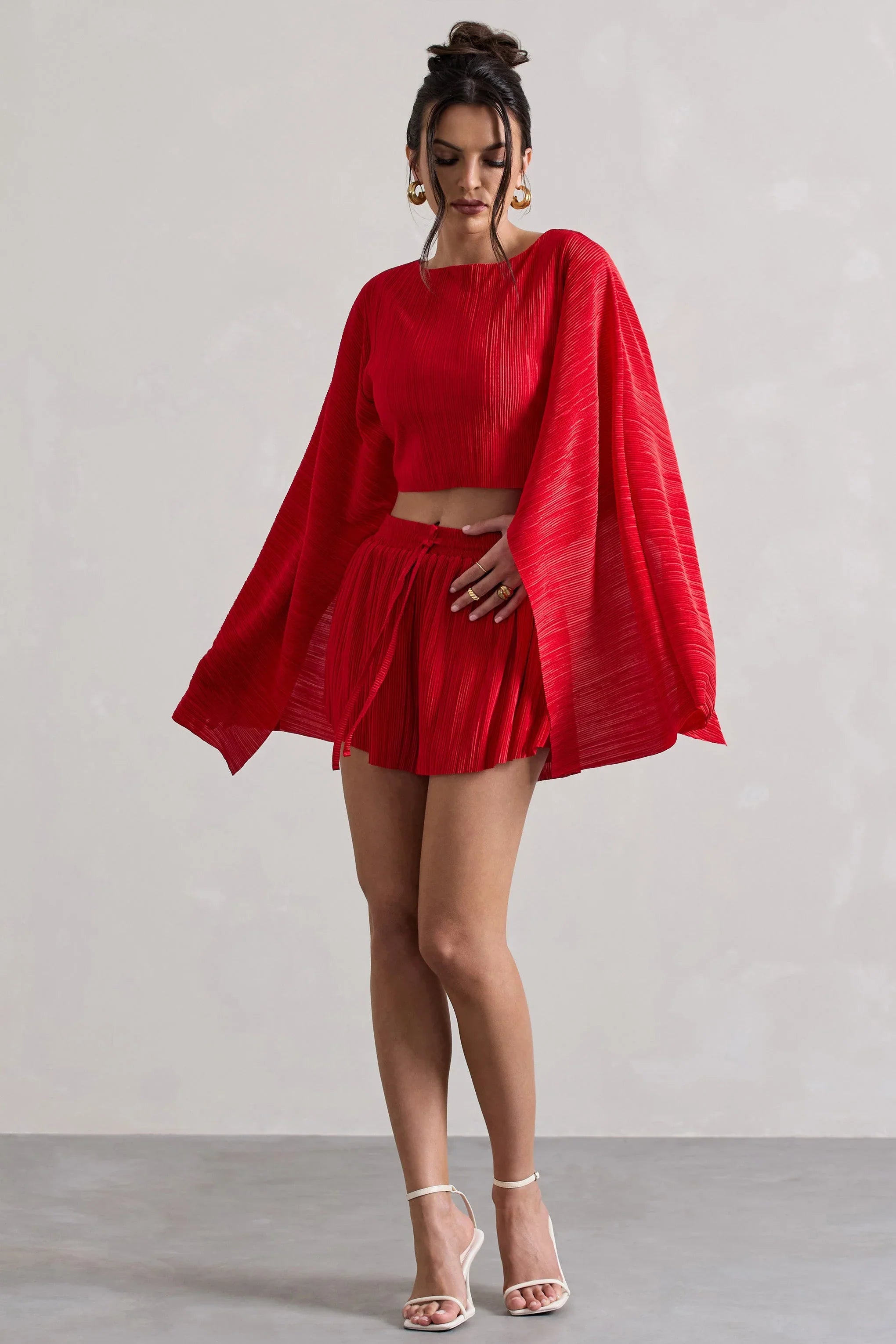 Aflame Red Plisse Tie Waist Shorts