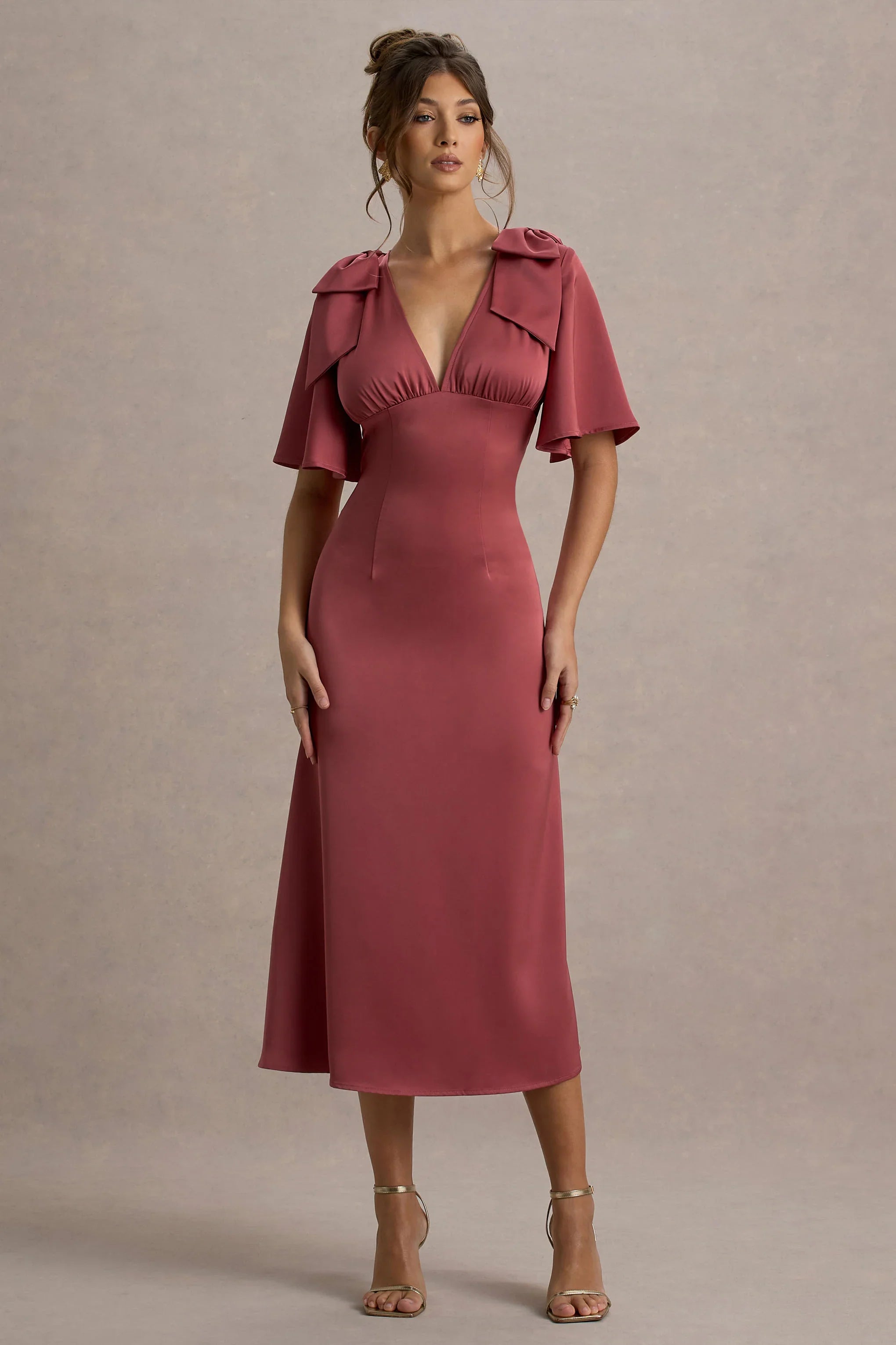 Danna Rose Pink Satin V Neck Short Sleeve Midi Dress