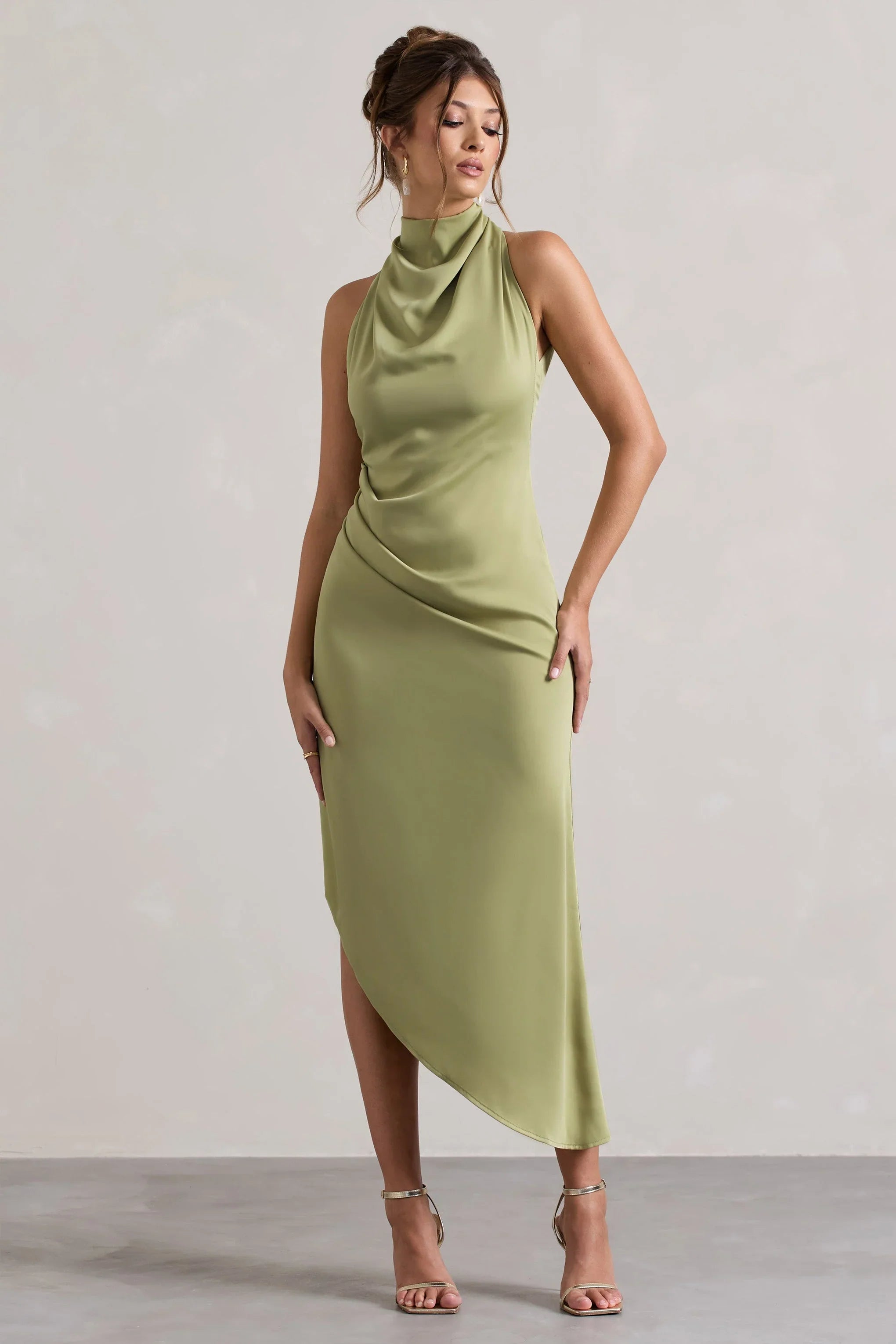 Sophina Light Olive Satin Cowl Neck Asymmetric Midi Dress