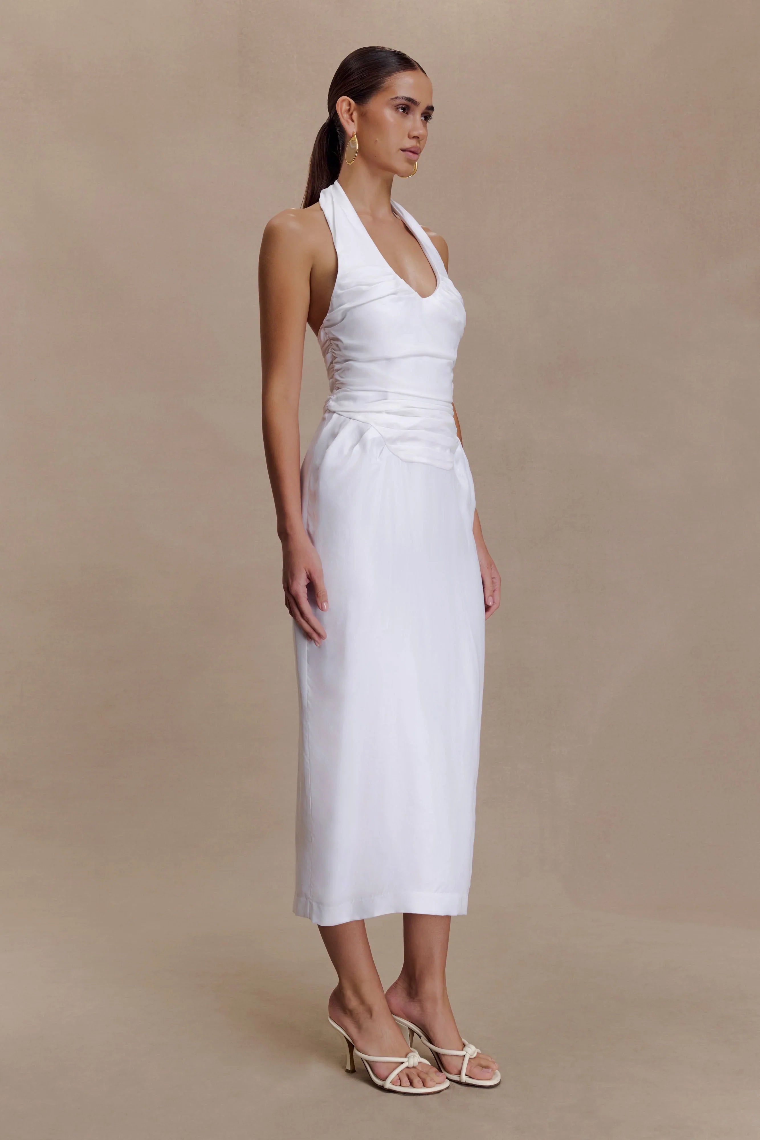 Daniela Ruched Halter Midi Dress White