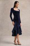 Emberlyn Navy Velvet Scoop Neck Fishtail Midi Dress