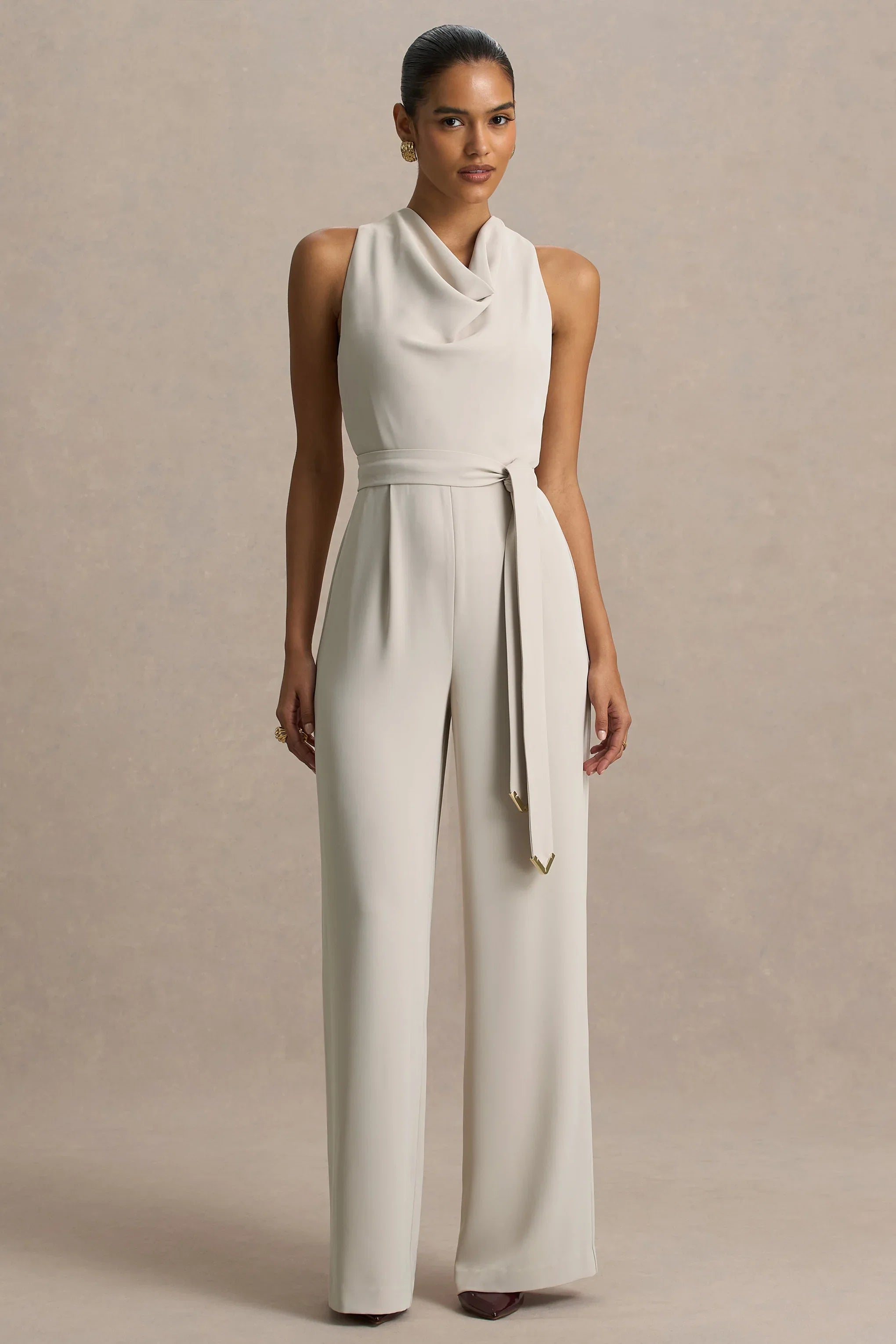 Corina Nude Cowl Neck Jumpsuit With Tie Detail