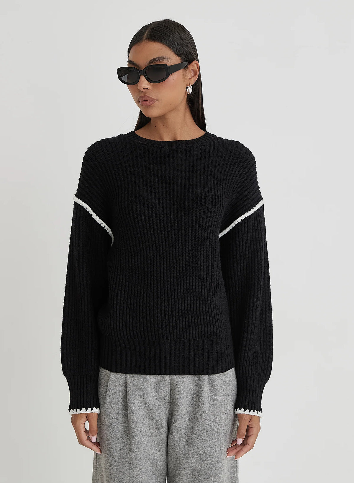 Black Contrast Stitching Knit Jumper