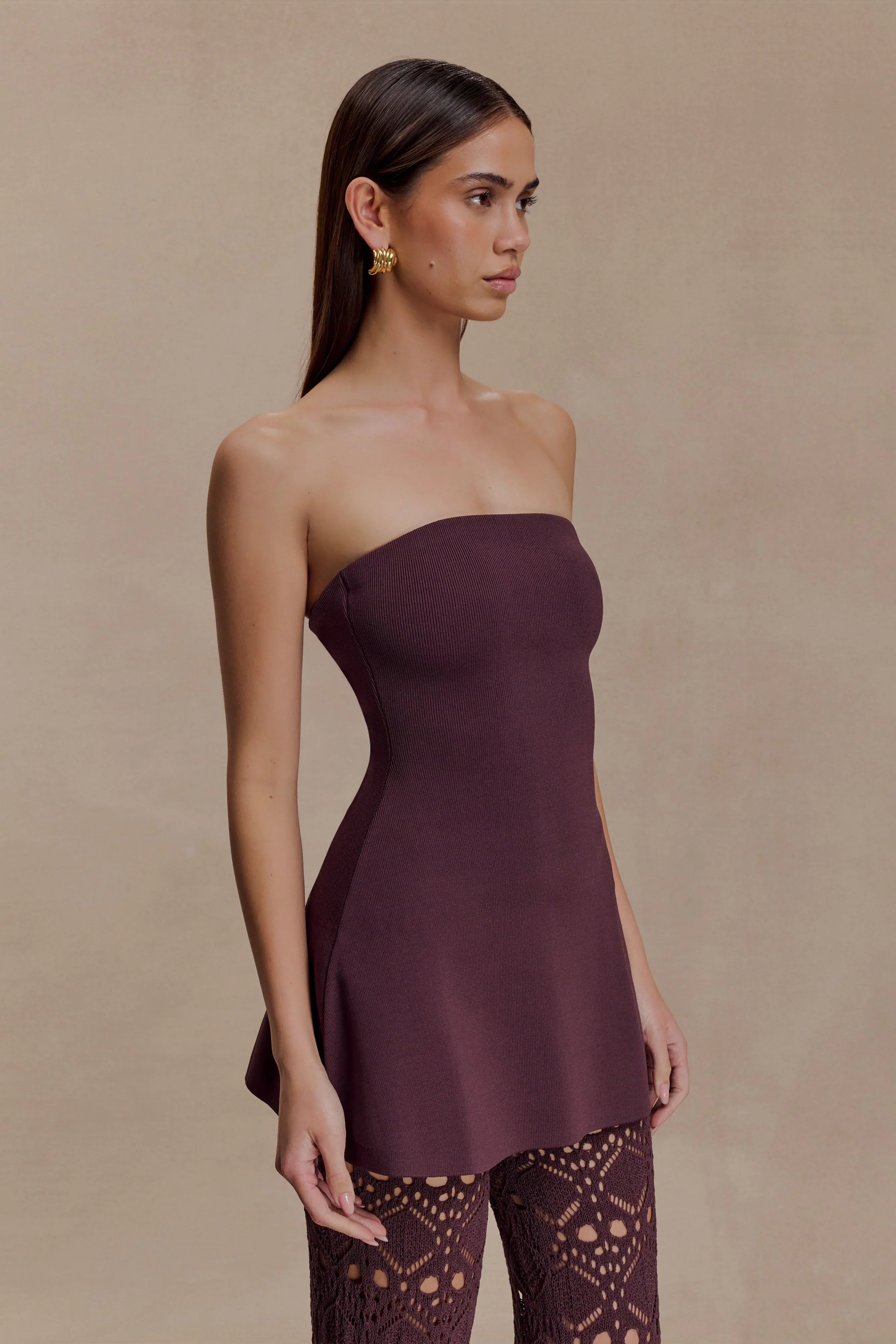 Anette Bandage Knit Strapless Top Chocolate