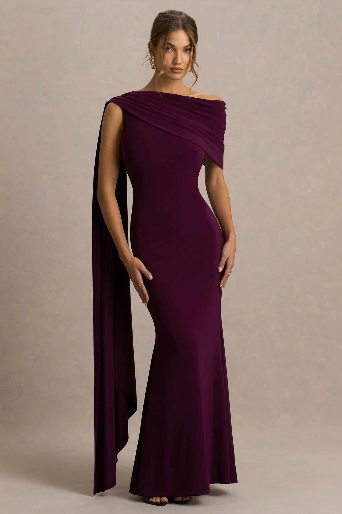 Tiana Dark Plum Asymmetric Neck Maxi Dress With Draped Detail