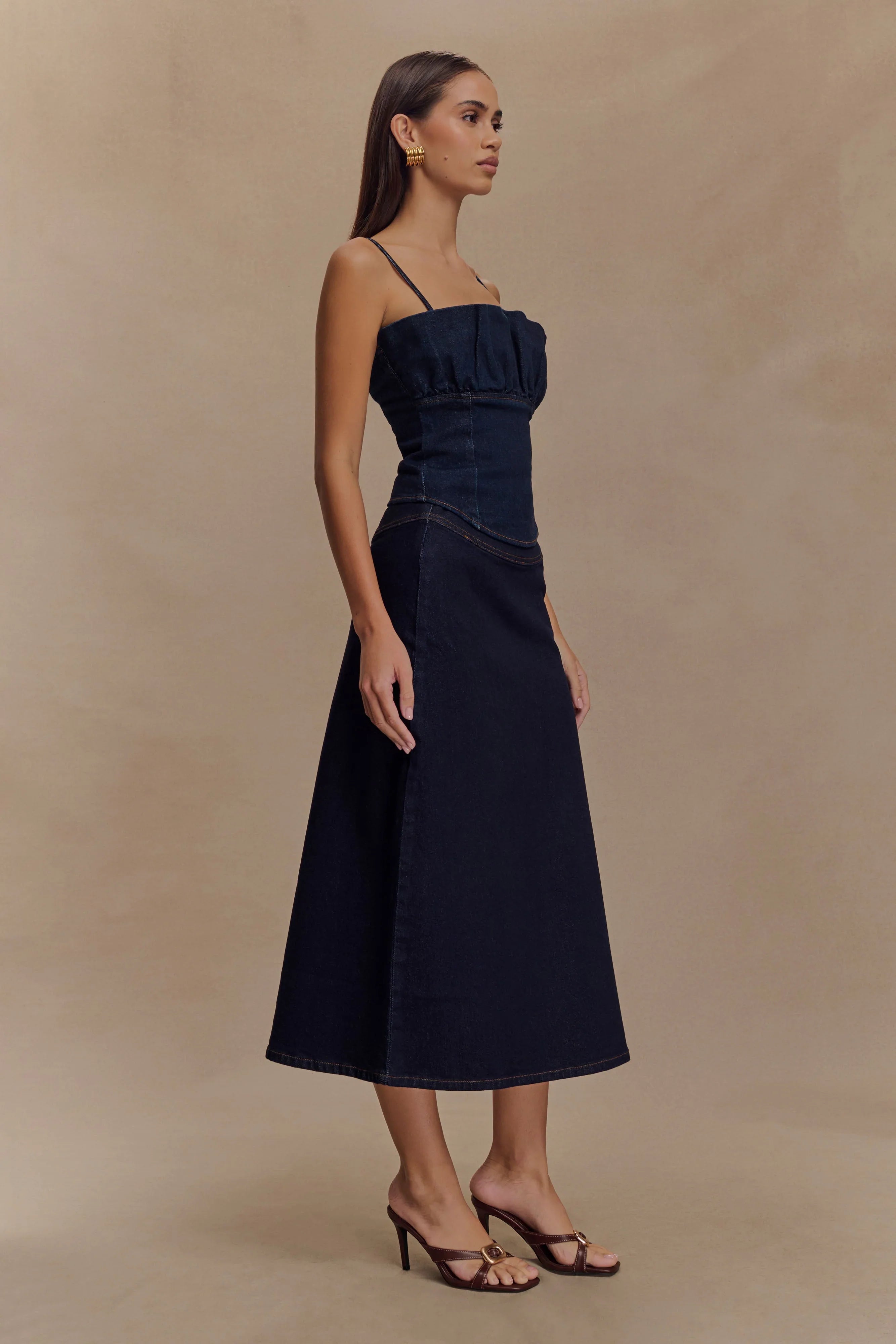 Cecilia Denim A Line Midi Skirt Indigo Blue