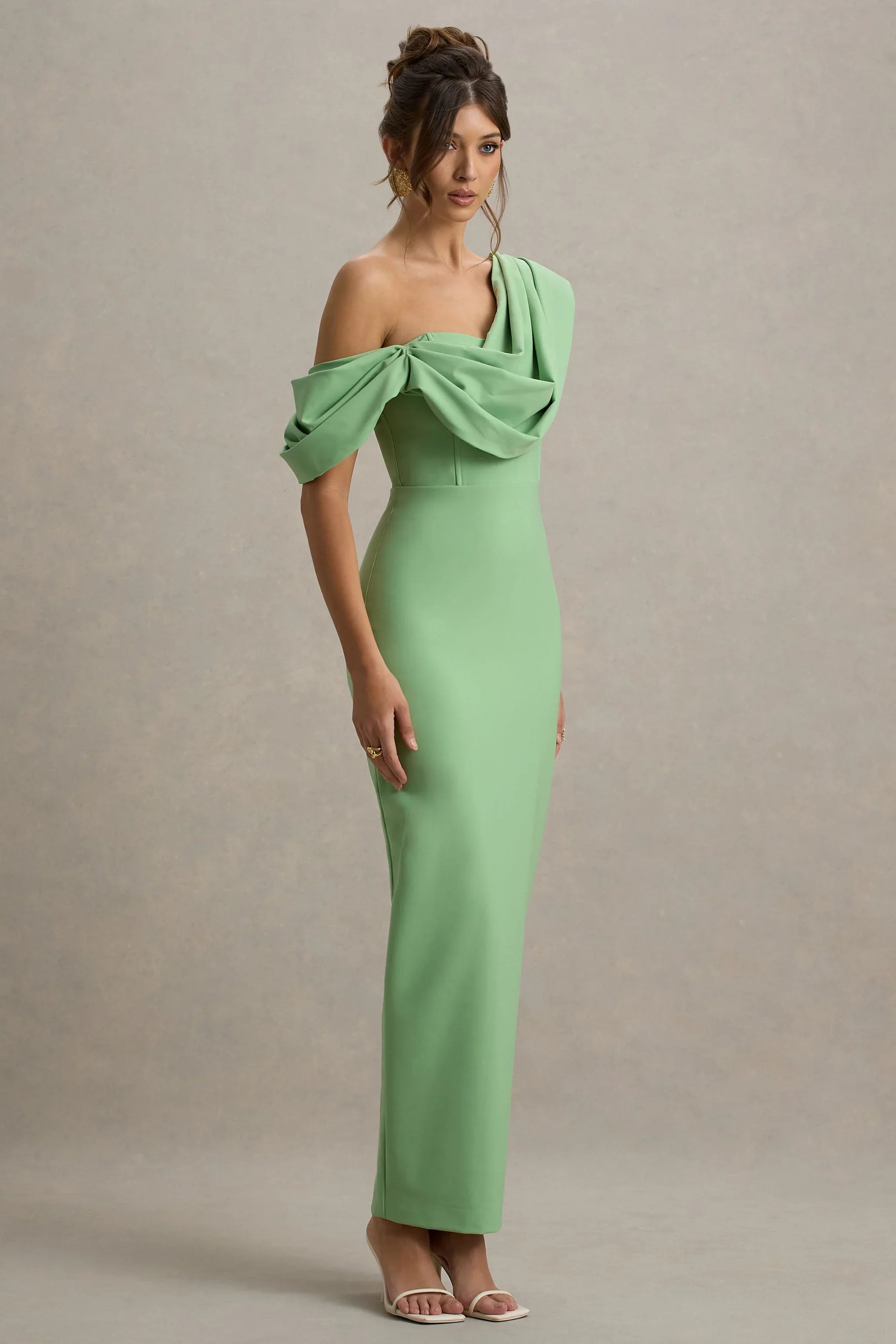 Angelina Green Draped Shoulder Maxi Dress