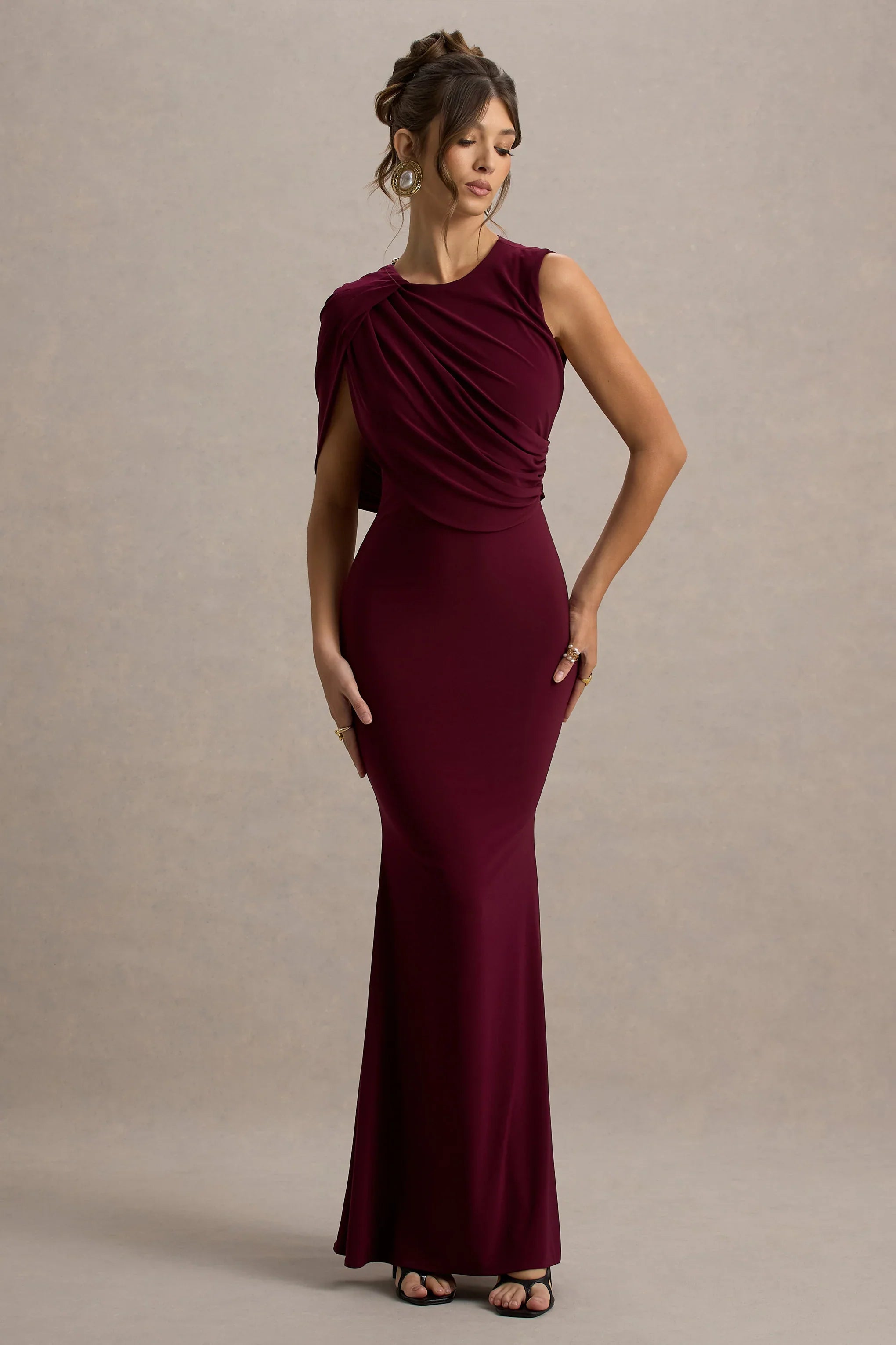 Rae Burgundy Maxi Dress With One Sleeve Cape