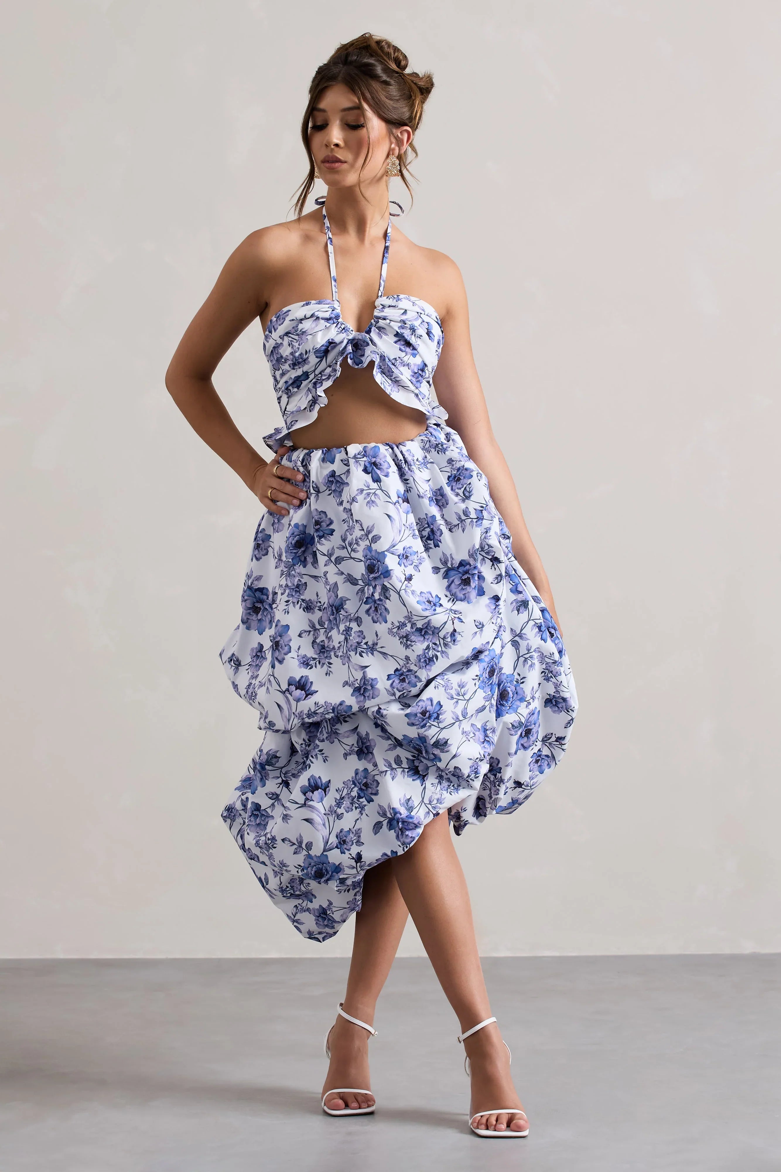 Make Waves Floral Print Volume High Low Midi Skirt
