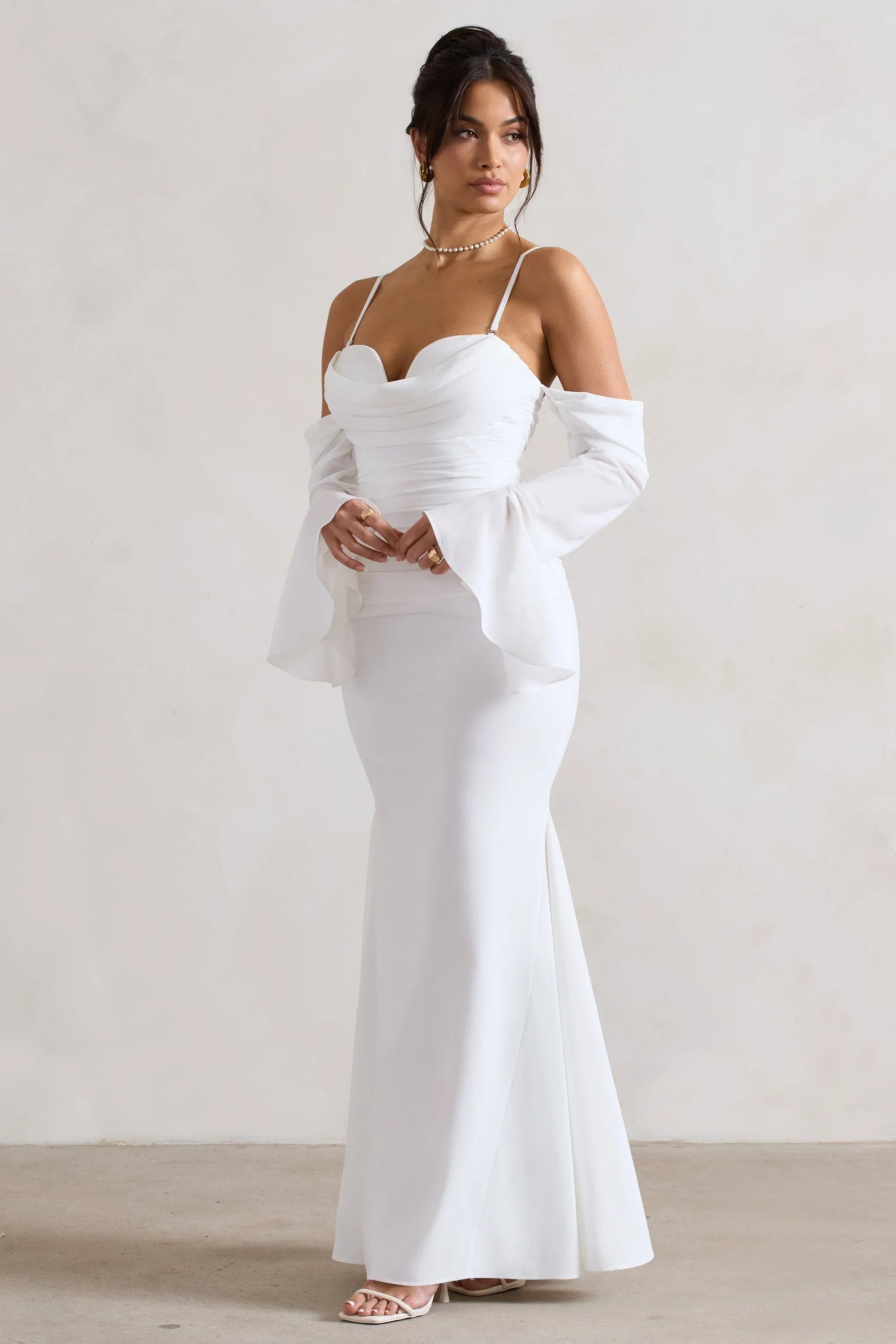Rhiannon Cream Draped Flared Sleeve Fishtail Maxi Dress