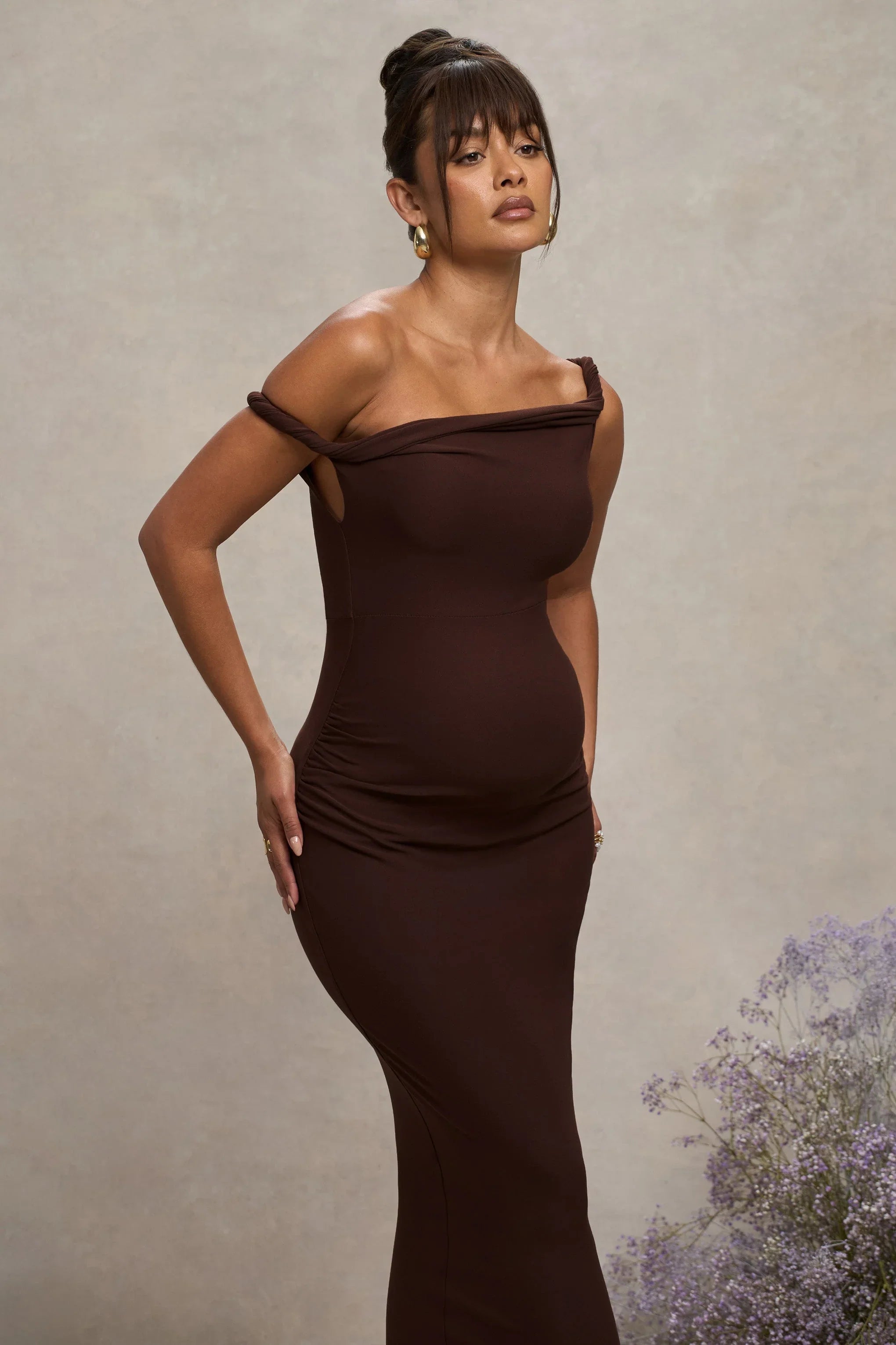 Salome Chocolate Brown Twisted Asymmetric Maternity Midi Dress