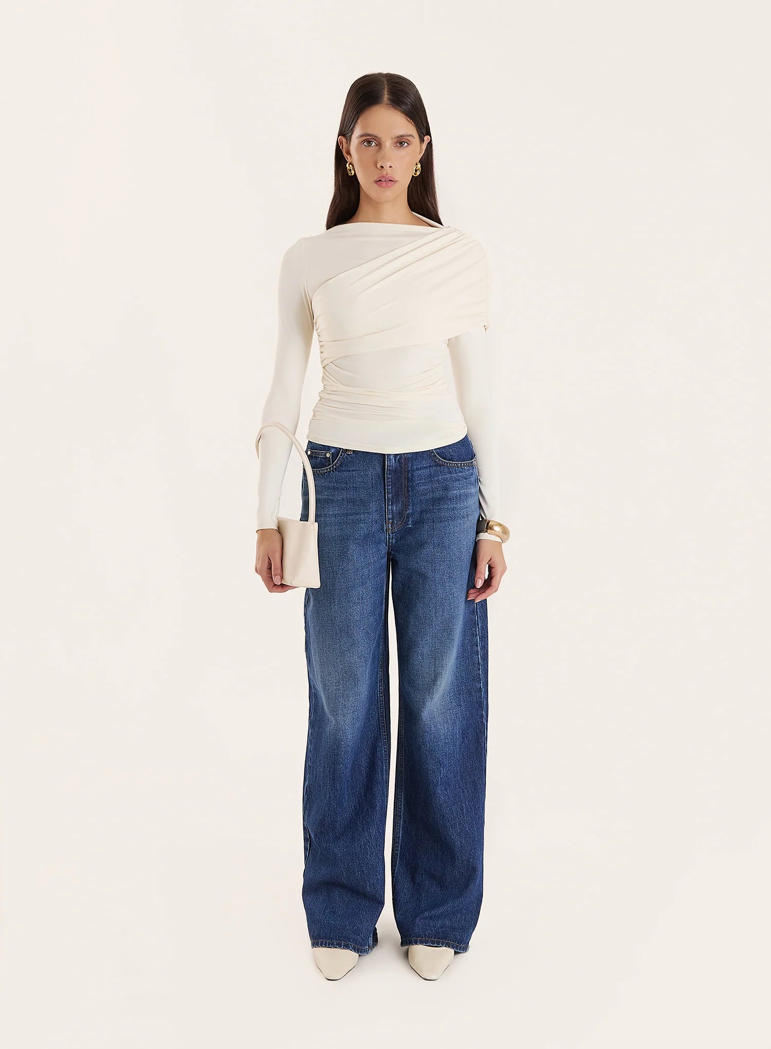 Off White Long Sleeved Drape Top