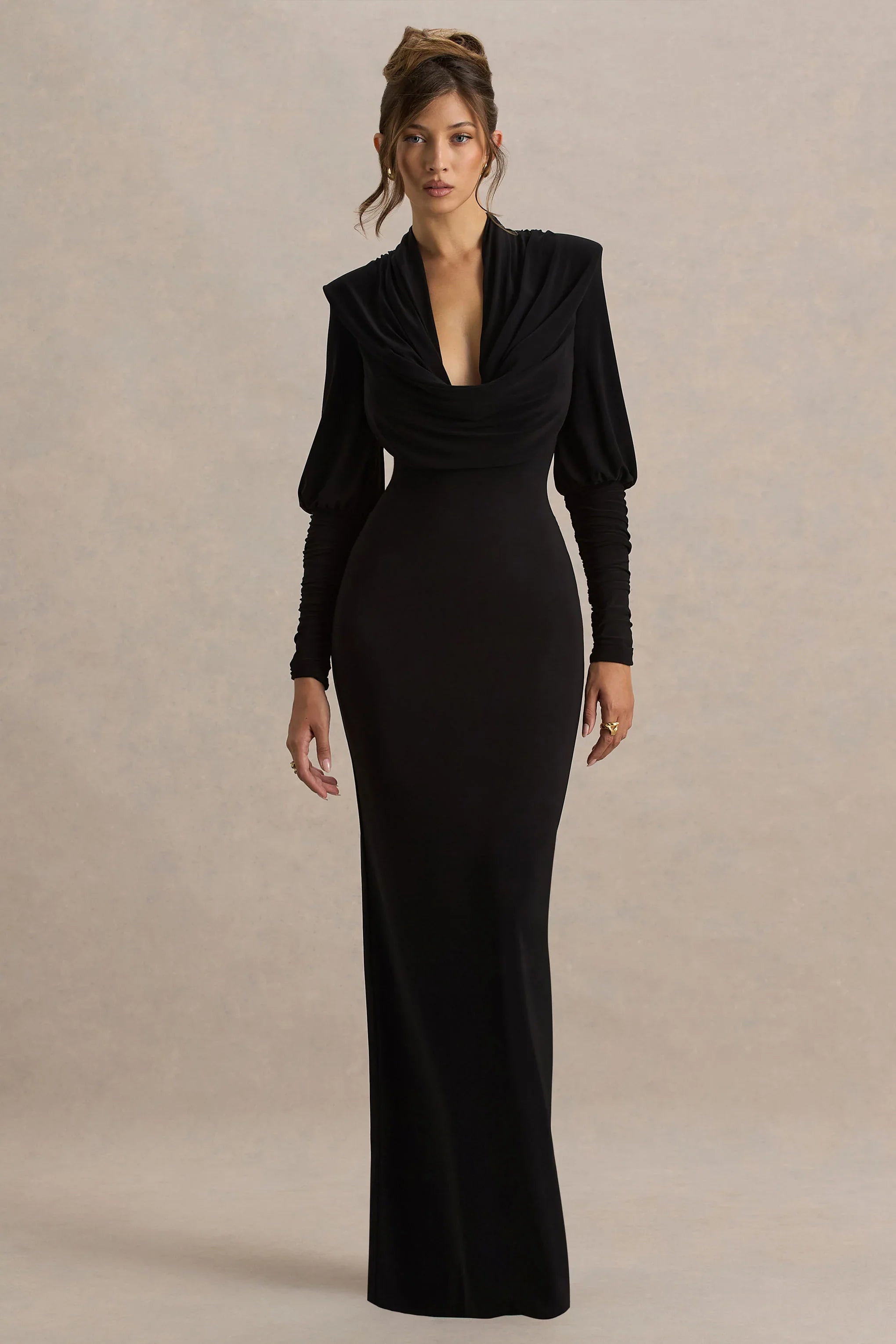 Kaylee Black Cowl Neck Maxi Dress With Draping Details