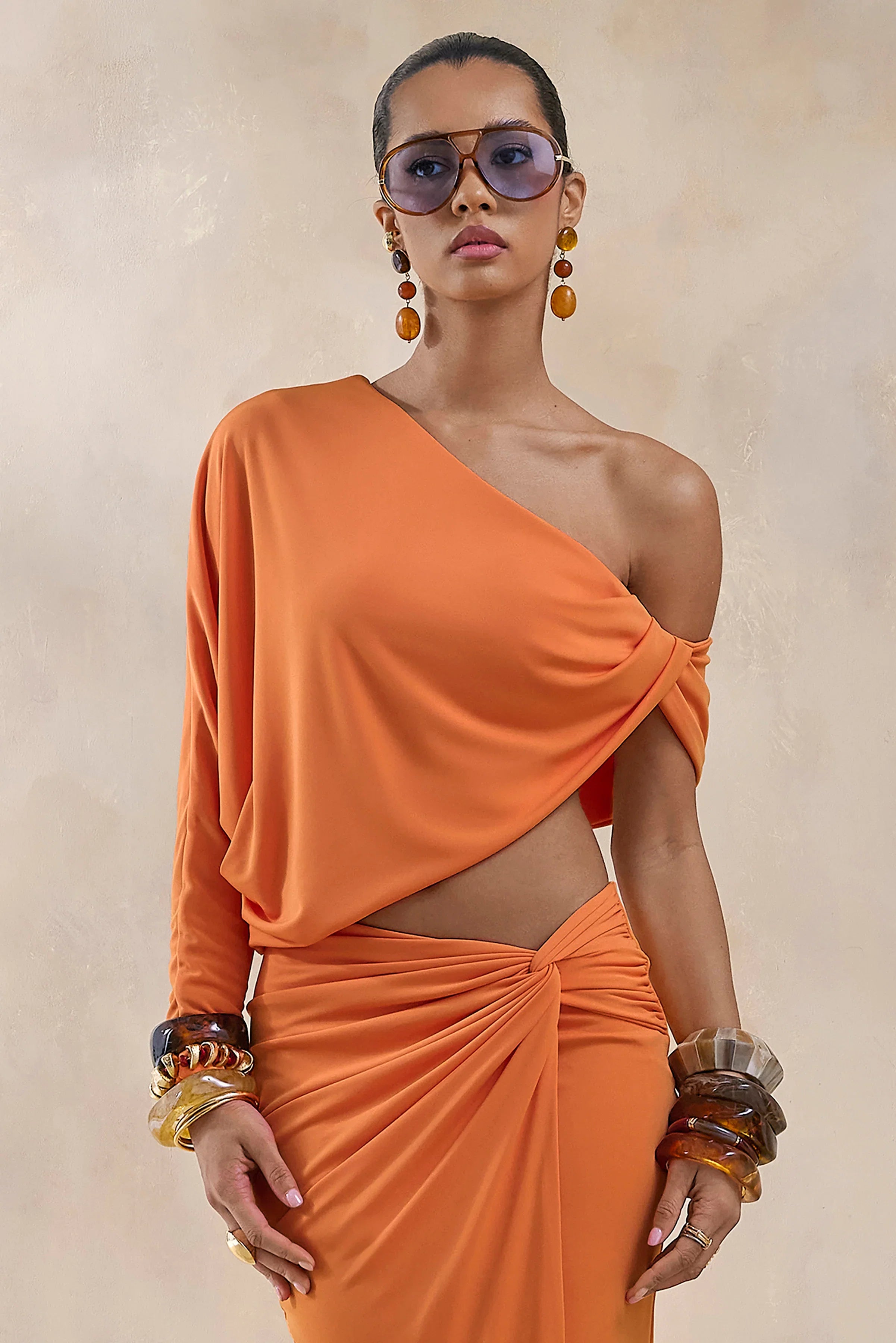 Dua Orange Asymmetric One Sleeve Draped Top