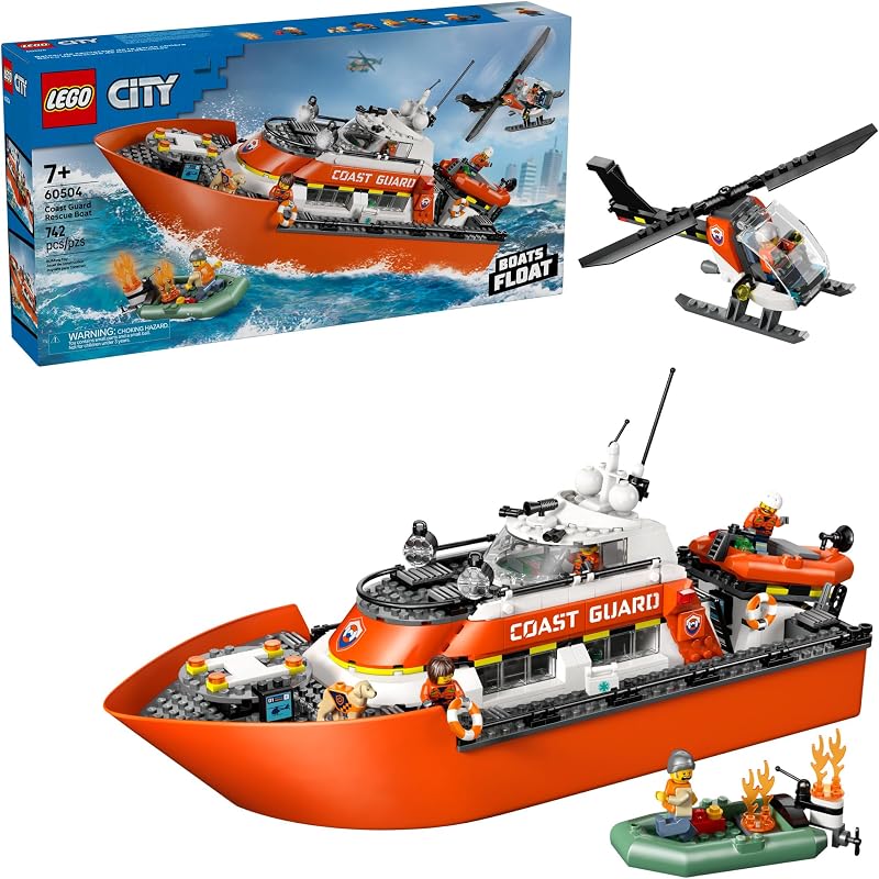 LEGO City Coast Guard Rescue Boat Helicopter Building Toys Kids Pretend Play Set for Boys Girls Ages 7 W 2 Rescue Boat Toys 5 Minifigures Dog Figure Gift Idea for Birthdays 60504