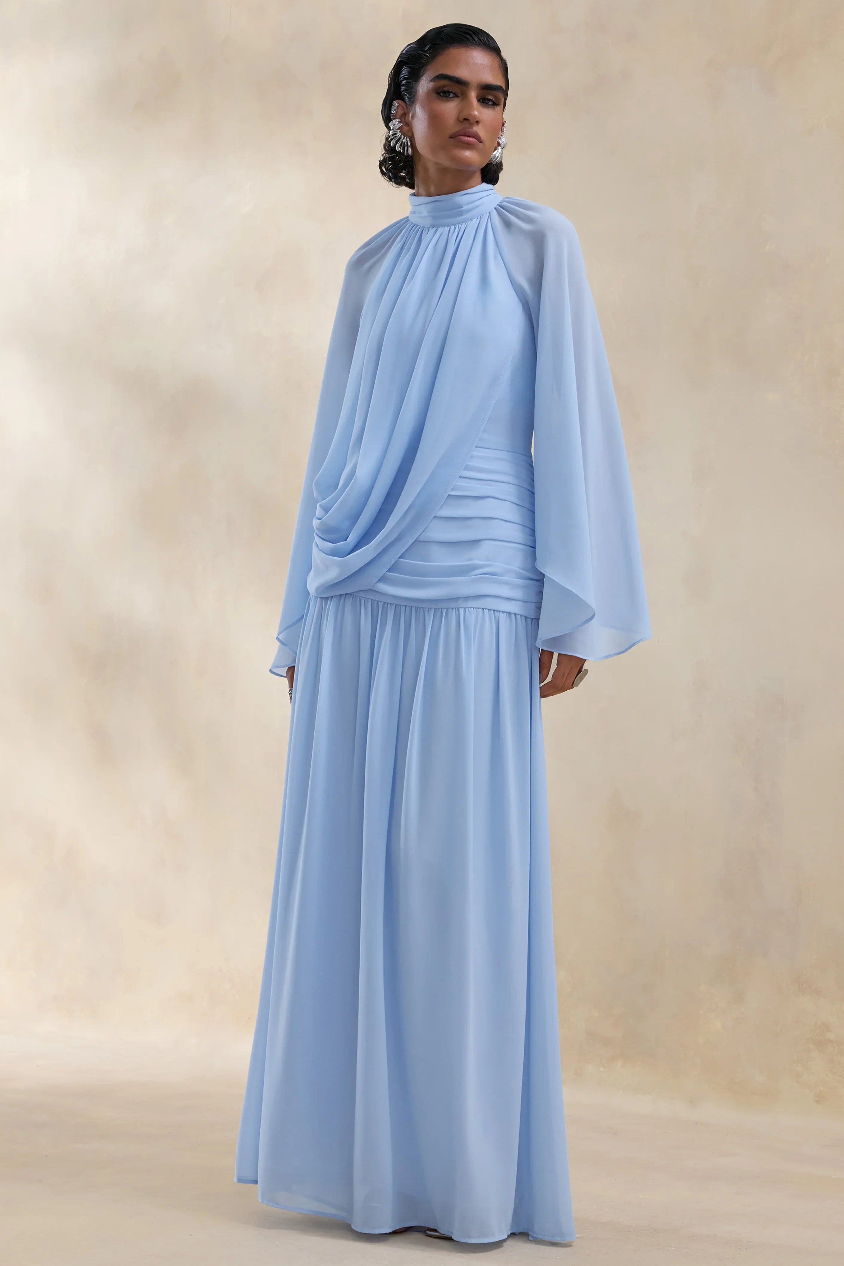 Narella Blue Chiffon High Neck Maxi Dress With Draped Detailing