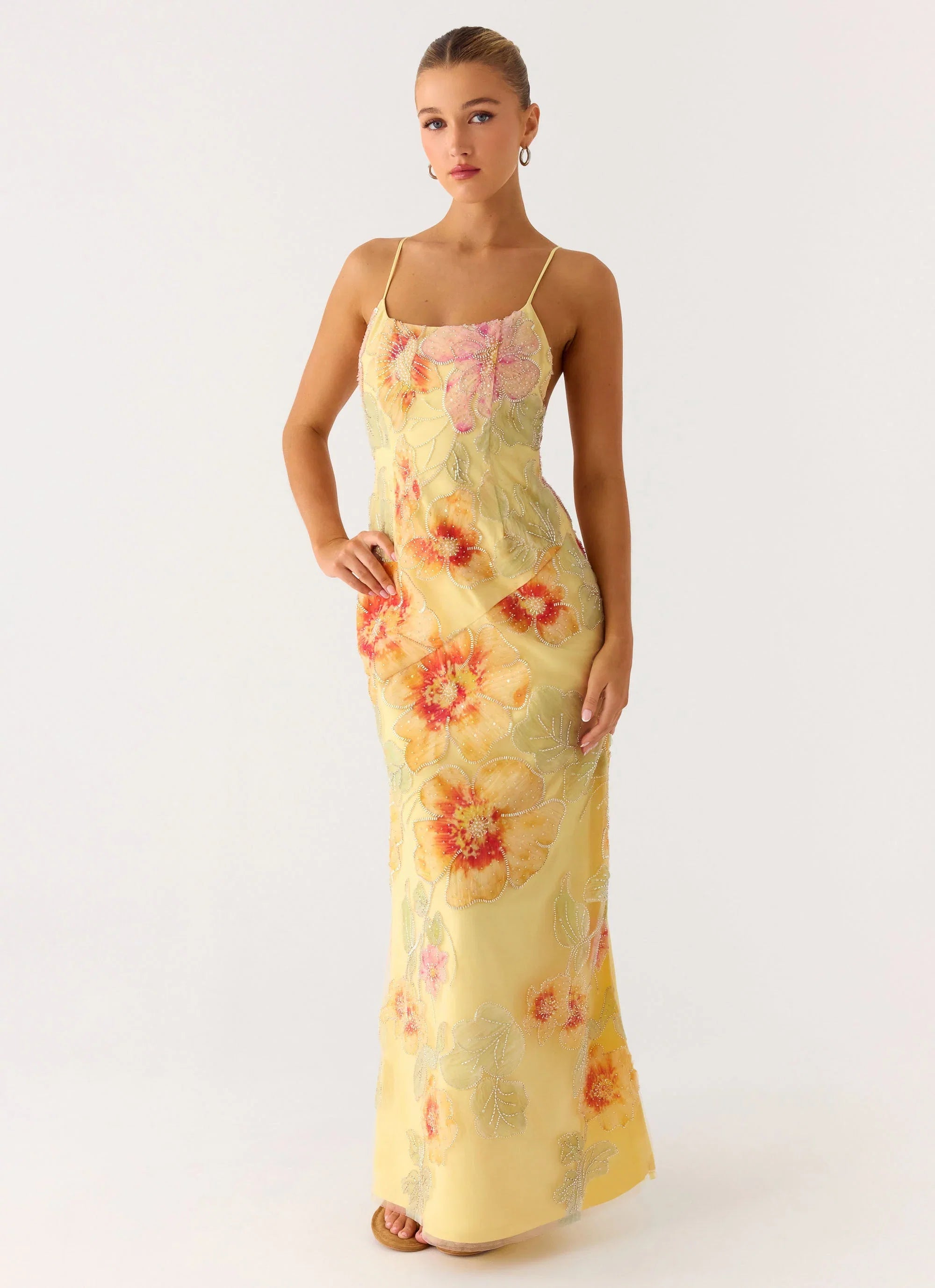 Morning Light Beaded Maxi Dress Yellow Floral Beaded