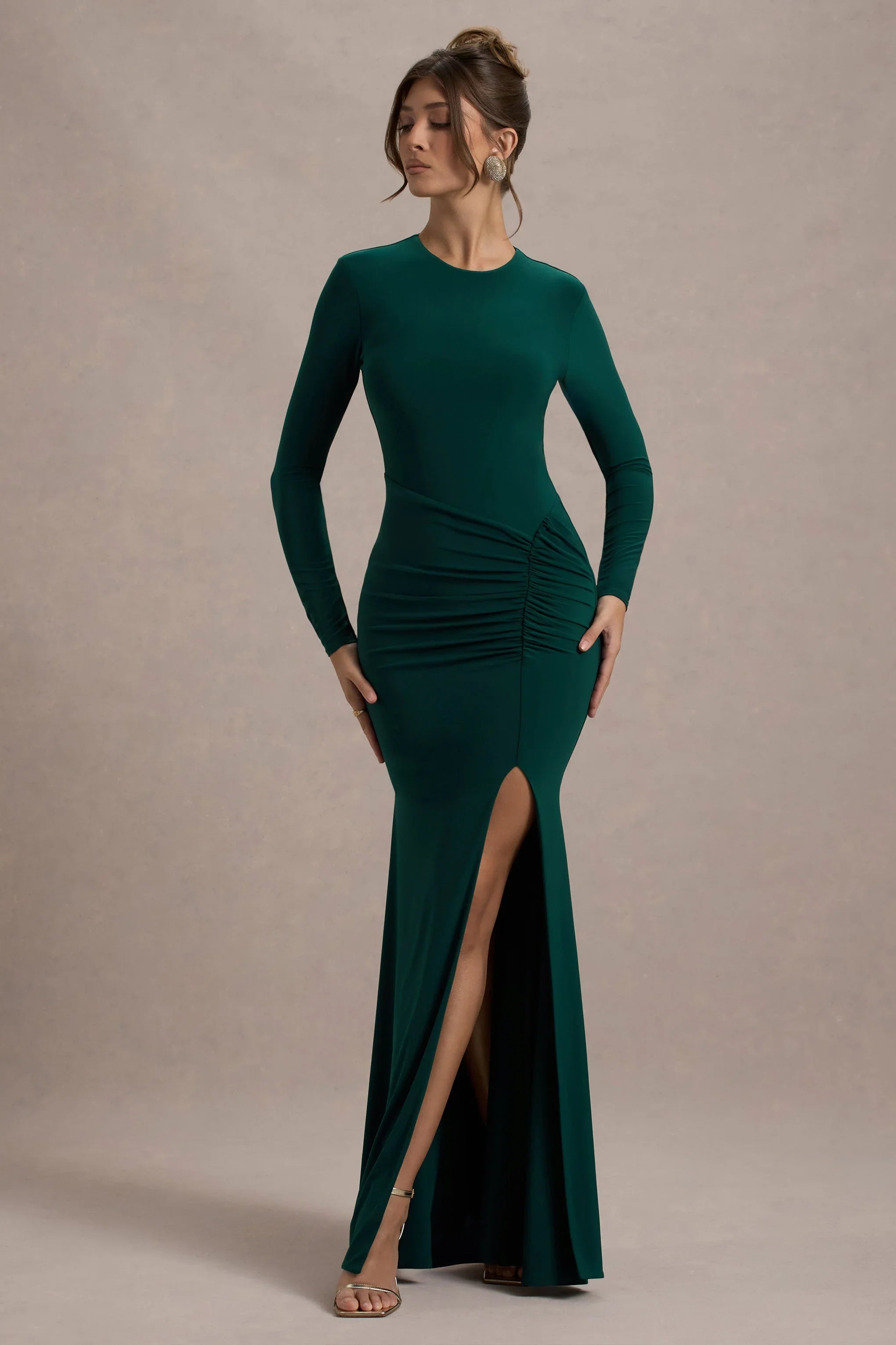 Leslie Bottle Green Long Sleeve Twisted Split Maxi Dress