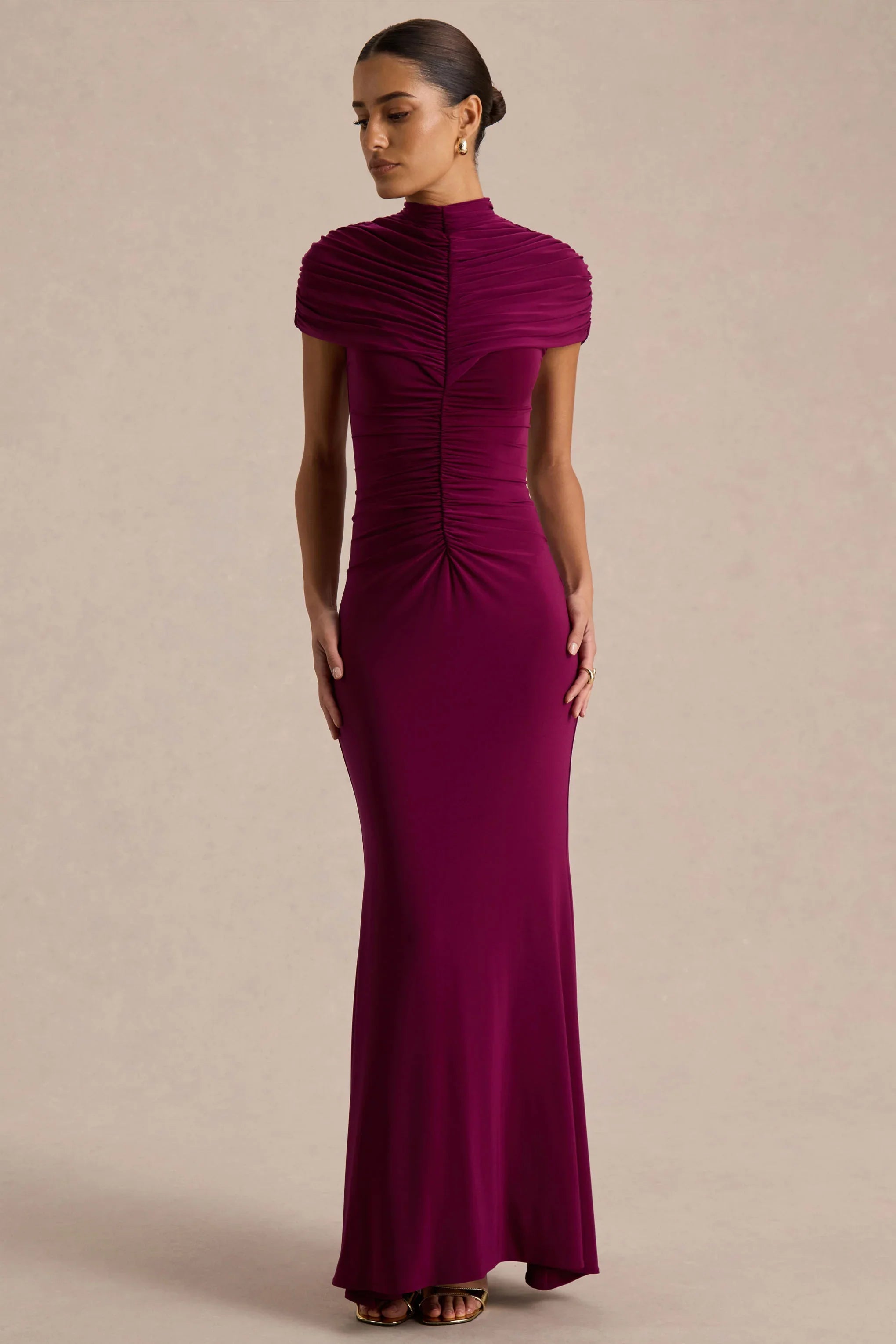 Azaria Burgundy High Neck Maxi Dress With Ruched Detailing