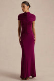 Azaria Burgundy High Neck Maxi Dress With Ruched Detailing