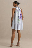 Evita Powder Blue Rose Print High Neck A Line Mini Dress With Bow