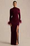 Gatsby Burgundy High Neck Maxi Dress With Feather Trim Cuffs
