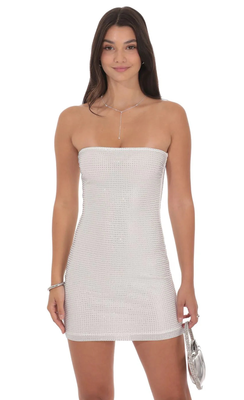 Rhinestone Strapless Bodycon Dress in White