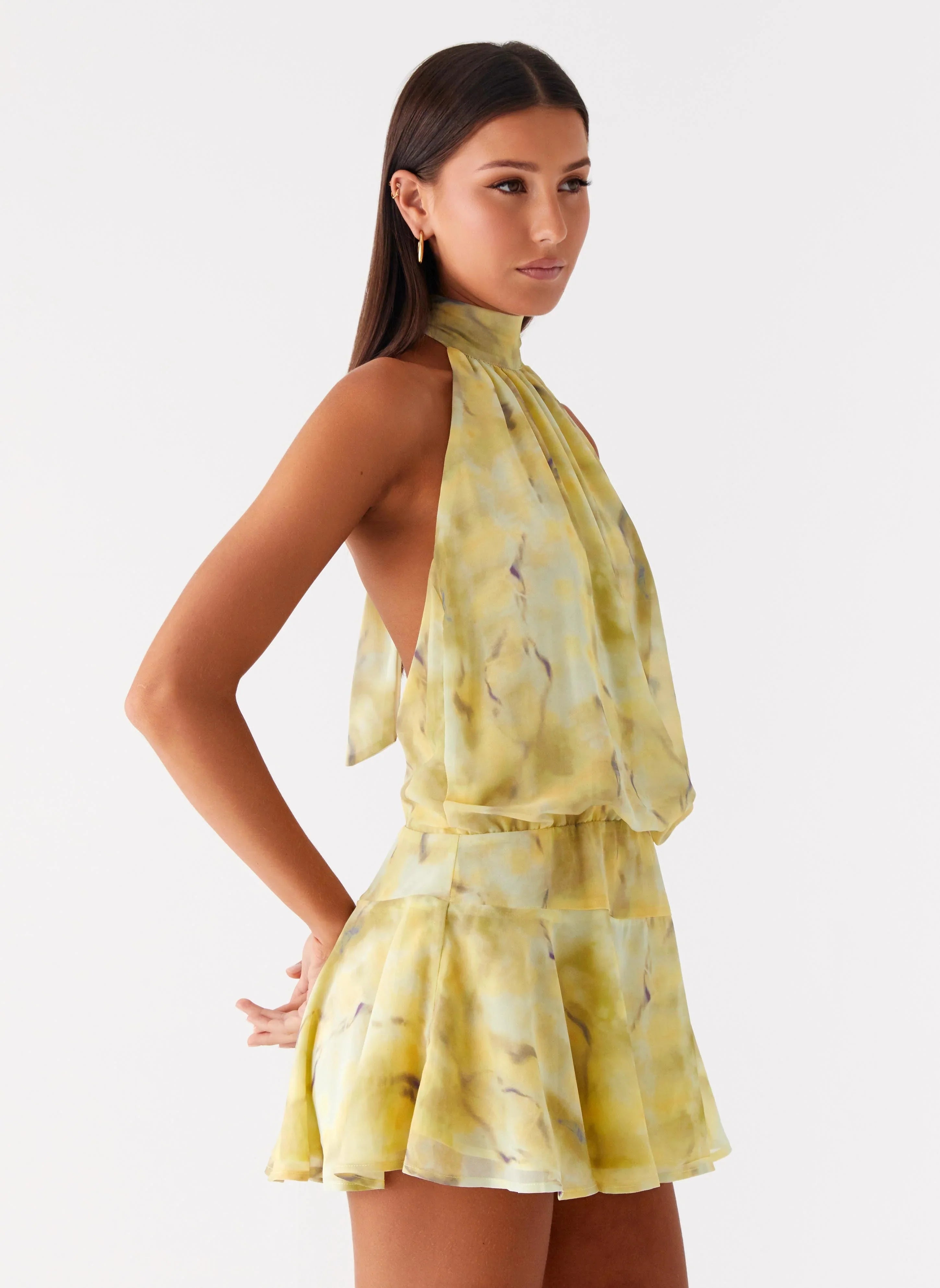 First Date Halter Mini Dress Yellow Tie Dye