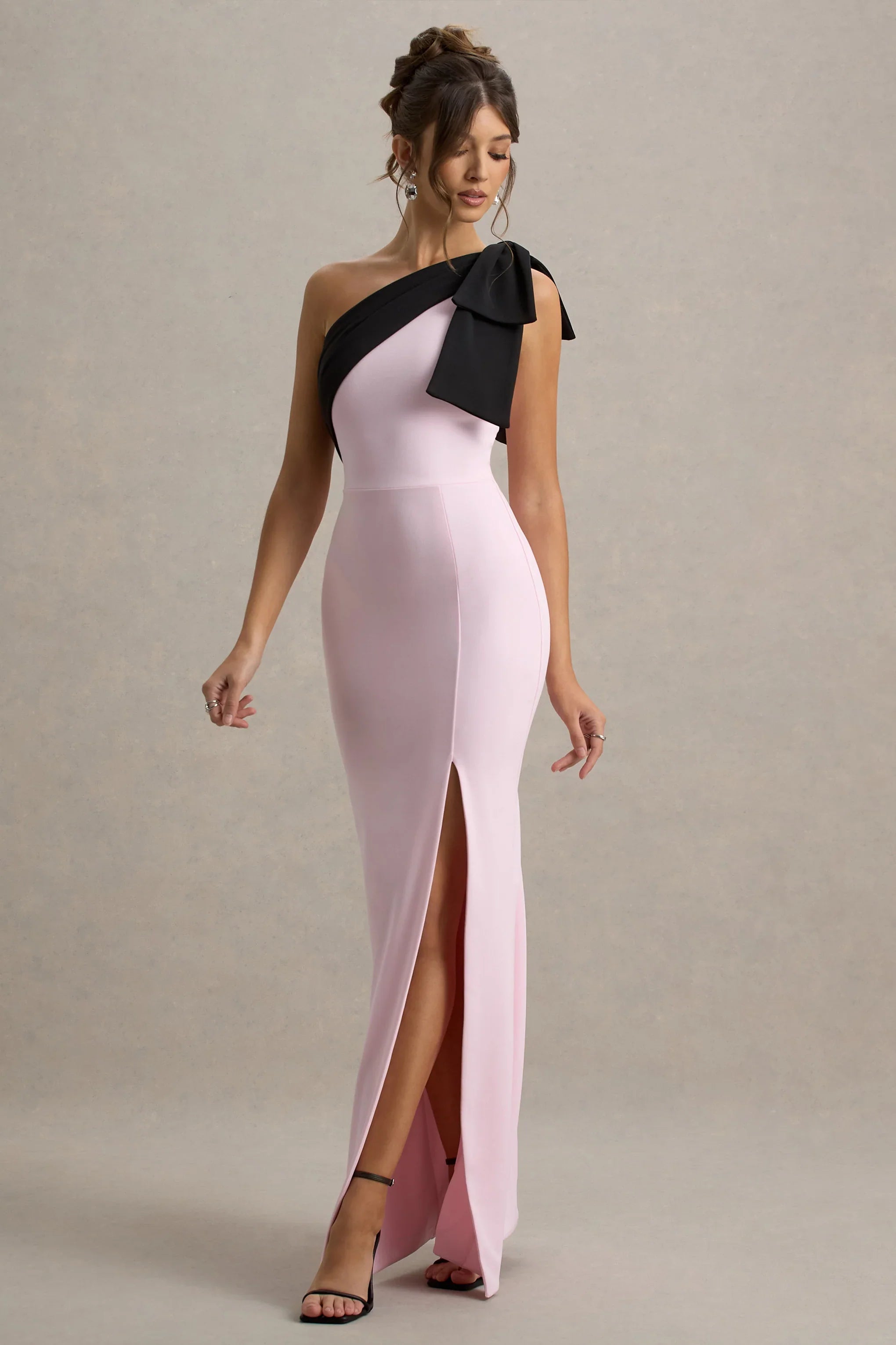 Kiri Pink Black One Shoulder Bow Maxi Dress