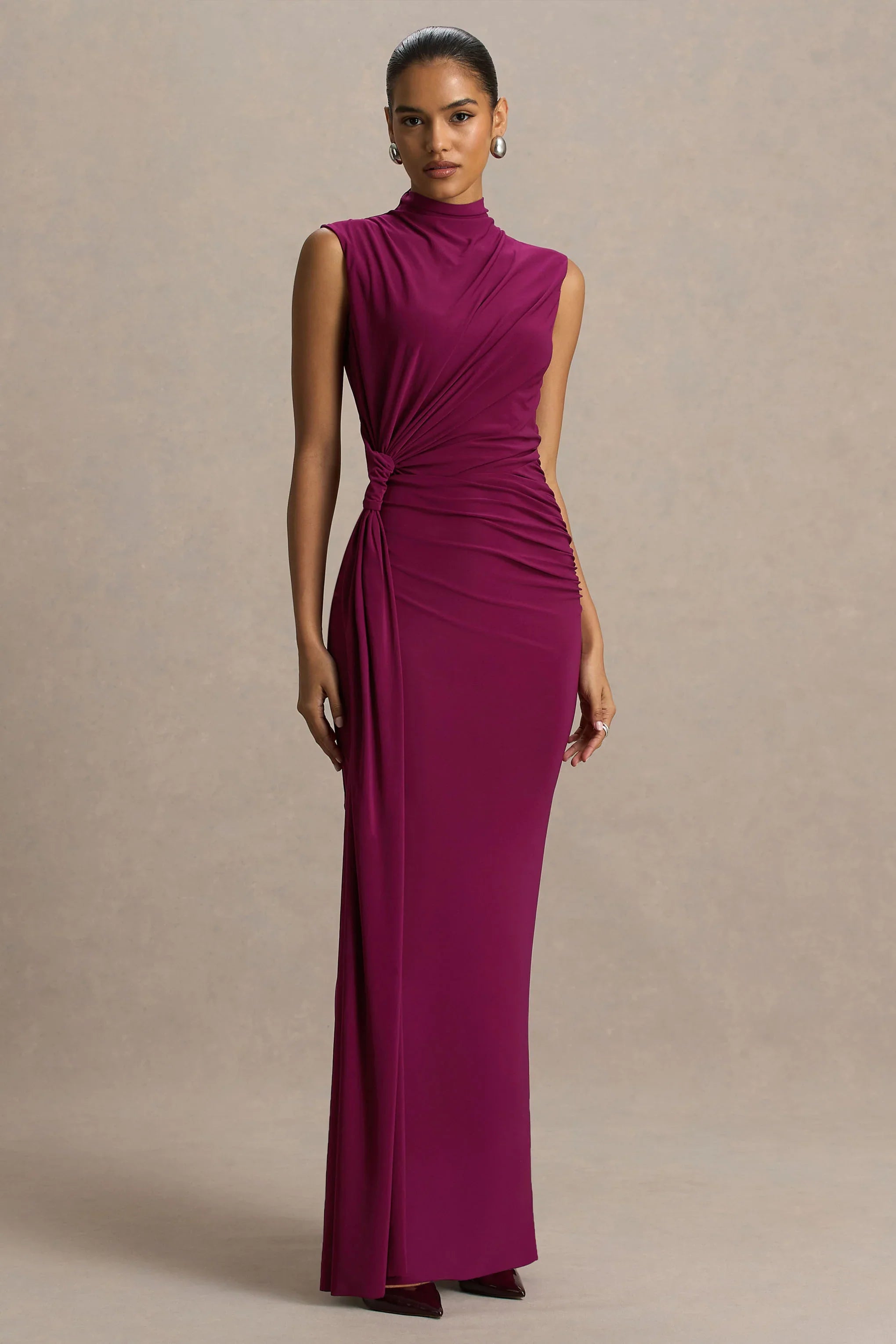 Solene Burgundy High Neck Maxi Dress With Wrap And Drape Detail