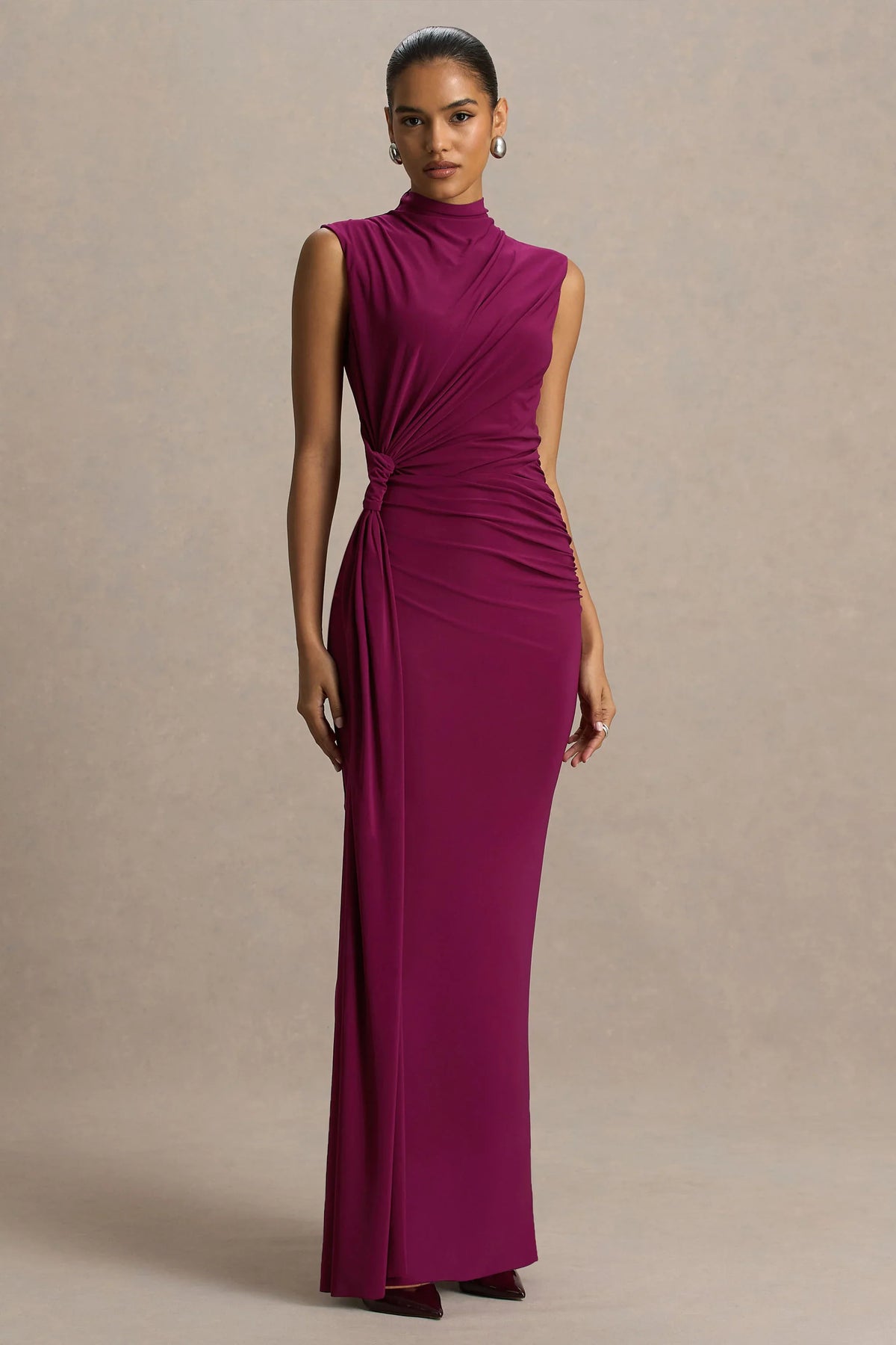 Solene Burgundy High Neck Maxi Dress With Wrap And Drape Detail