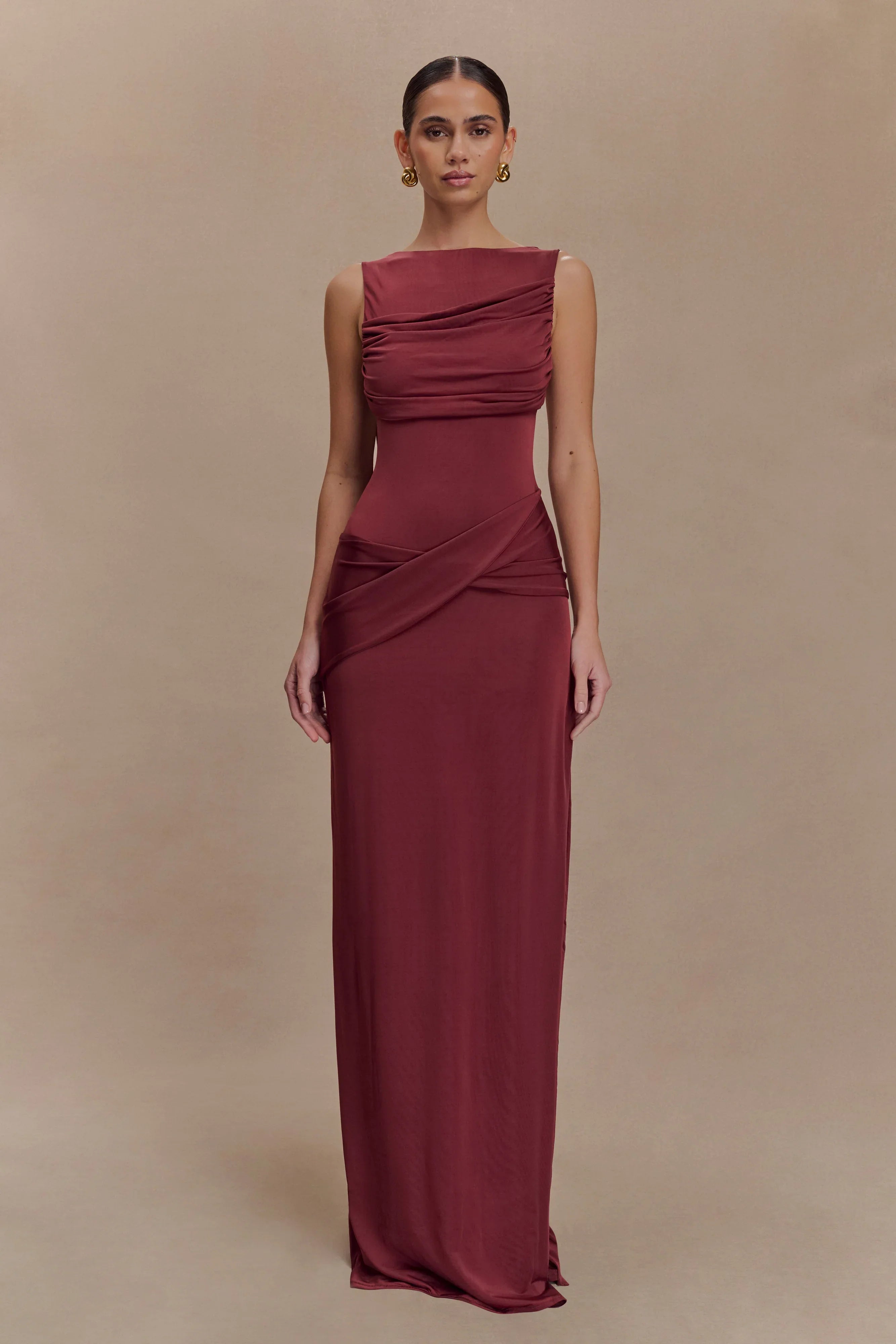 Henley Slinky Drape Maxi Dress Wine