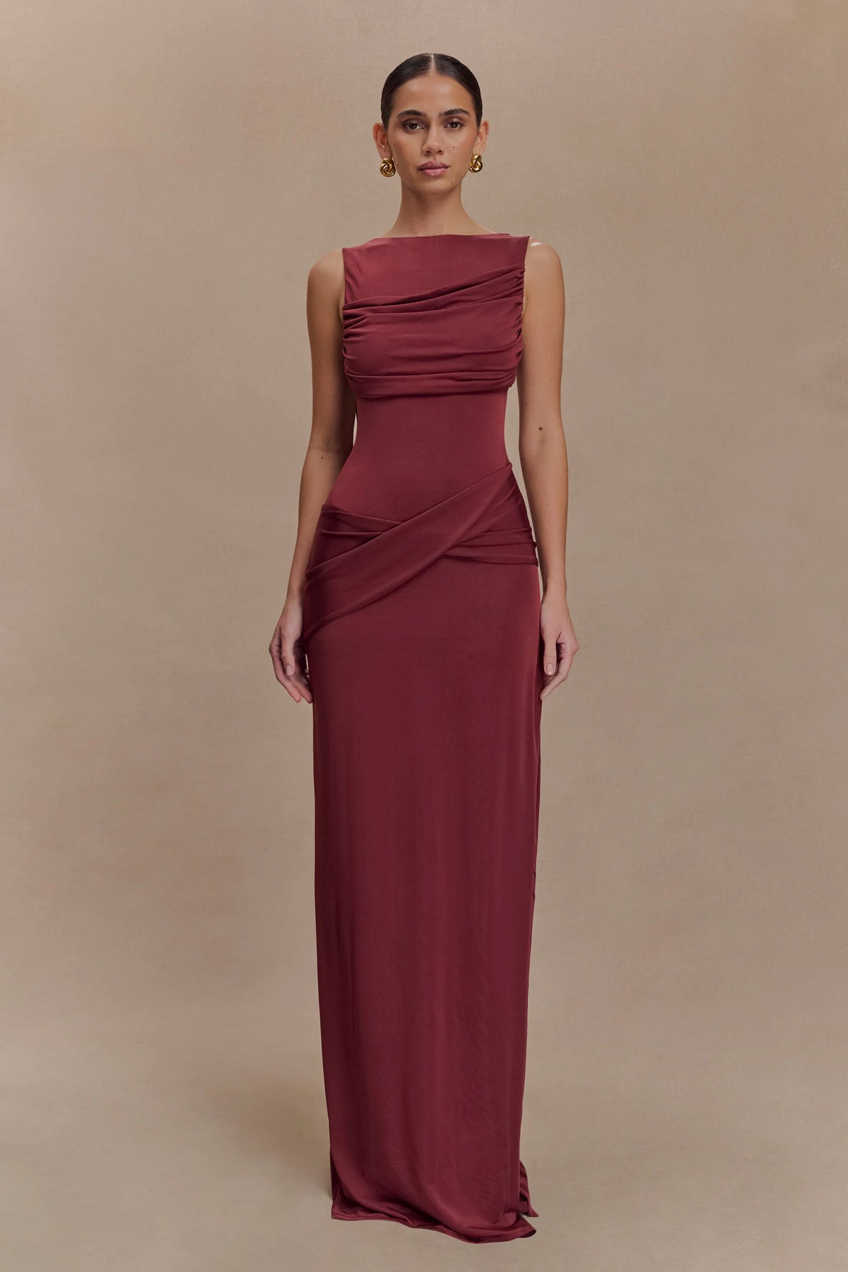 Henley Slinky Drape Maxi Dress Wine