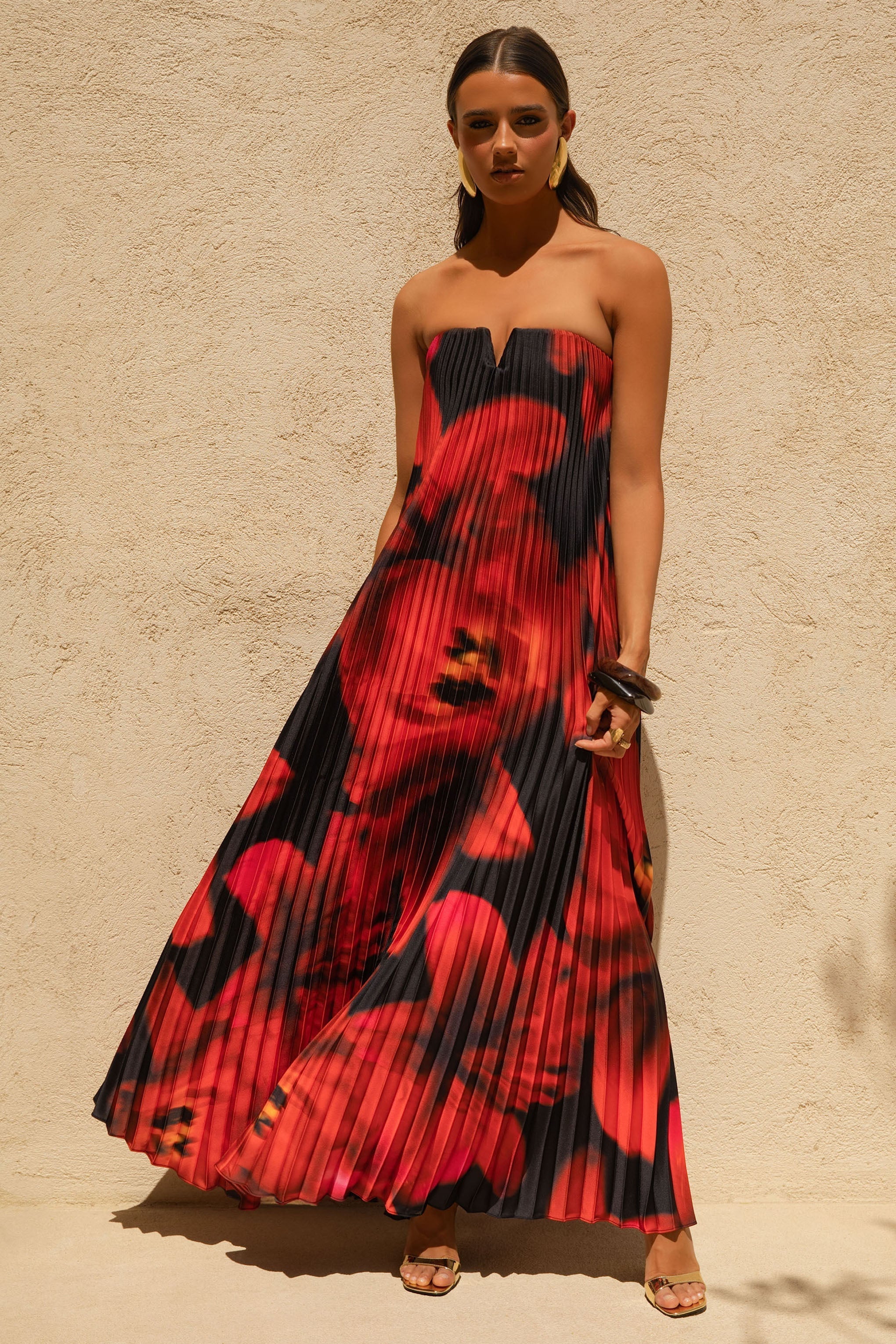 Bergamot Black And Red Floral Print Satin Sweetheart Maxi Dress