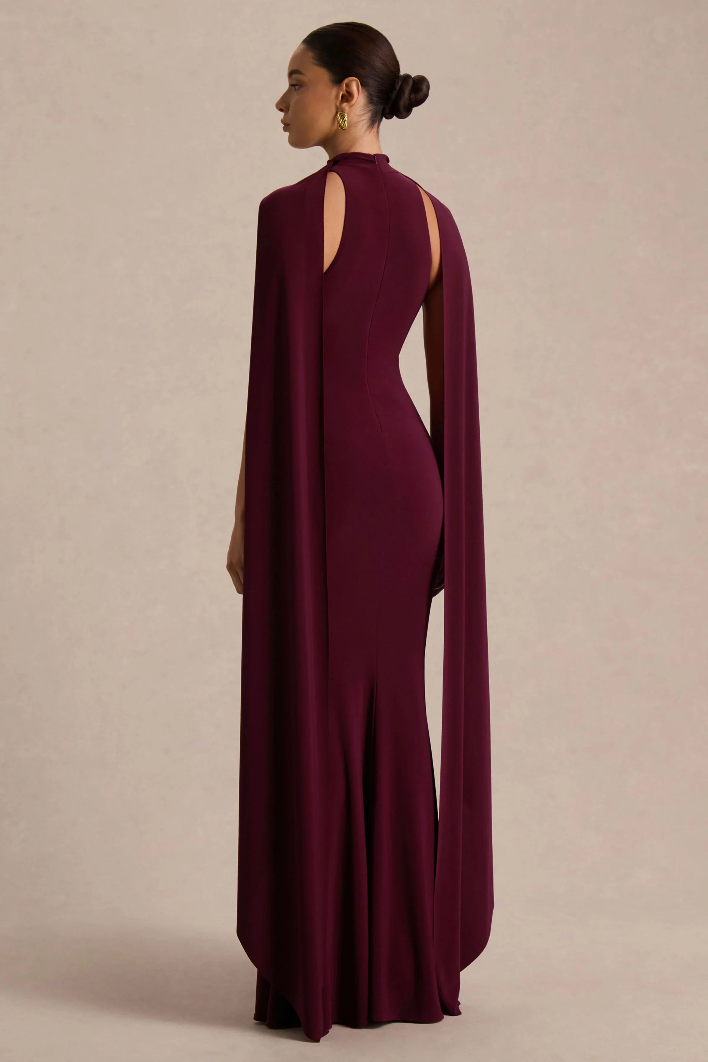 Cordy Burgundy High Neck Maxi Dress With Scarf Detail