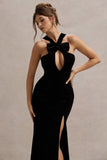 Mystery Black Velvet Plunge Halter Neck Split Maxi Dress With Bow