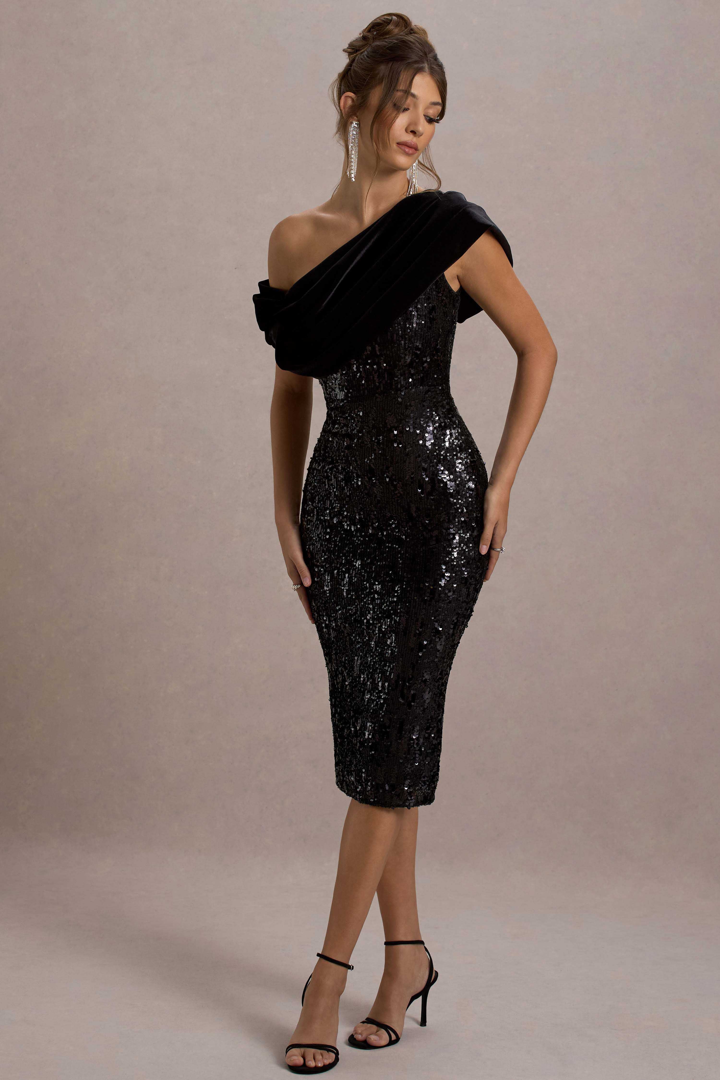 Volute Black Sequin One Shoulder Draped Midi Dress