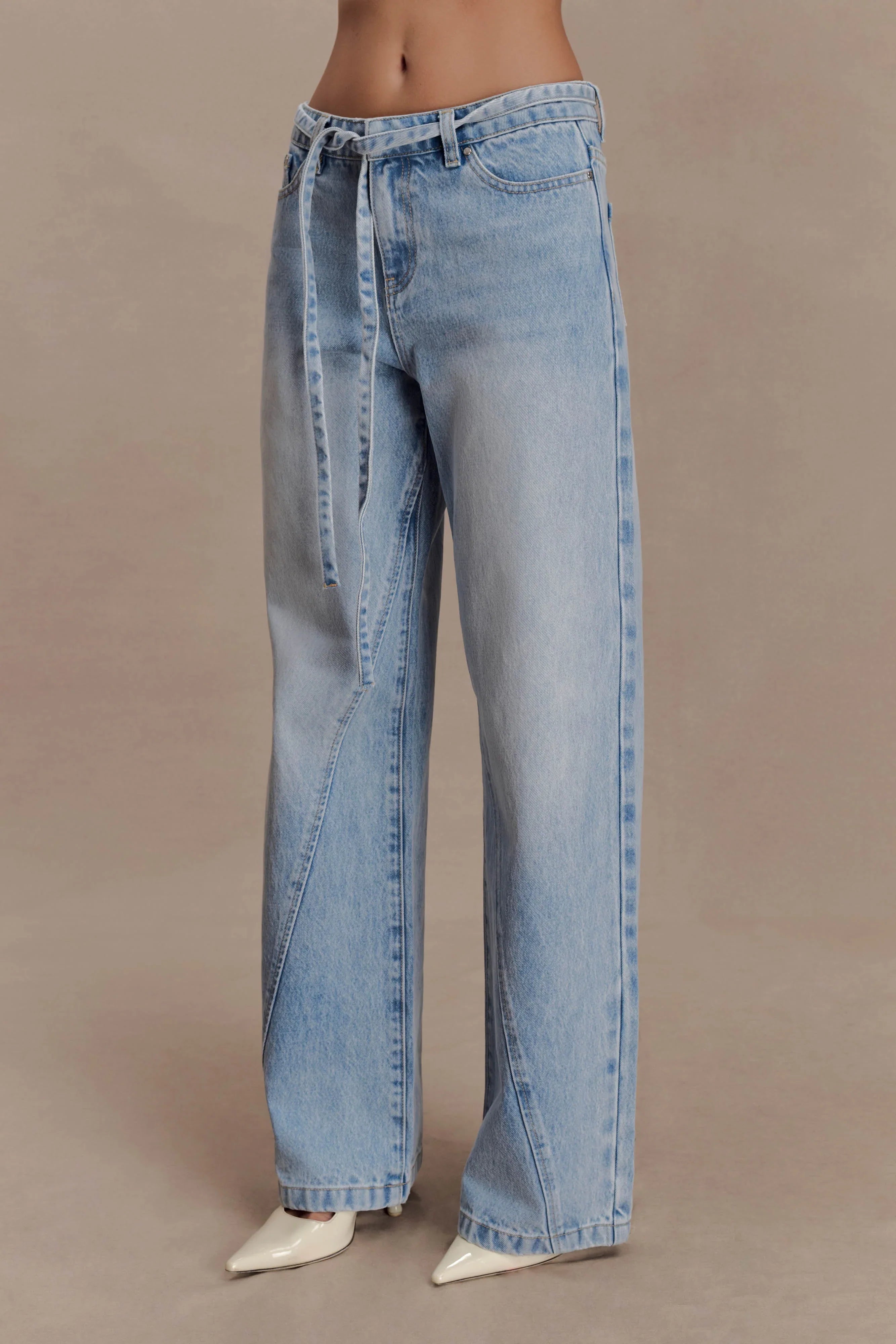 Perrie Mid Rise Straight Leg Tie Jeans Washed Light Blue