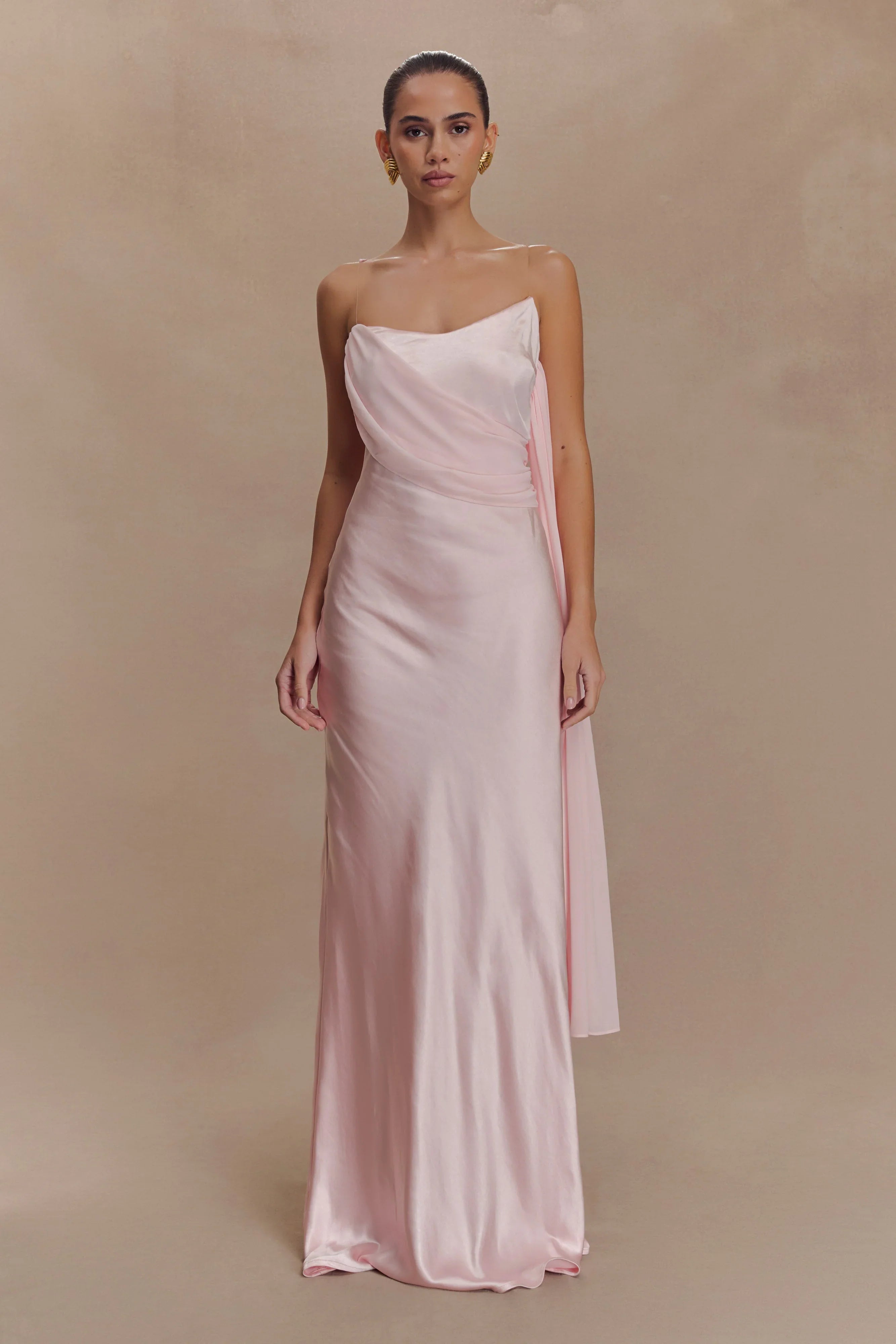 Carah Satin And Chiffon Maxi Dress Pale Pink