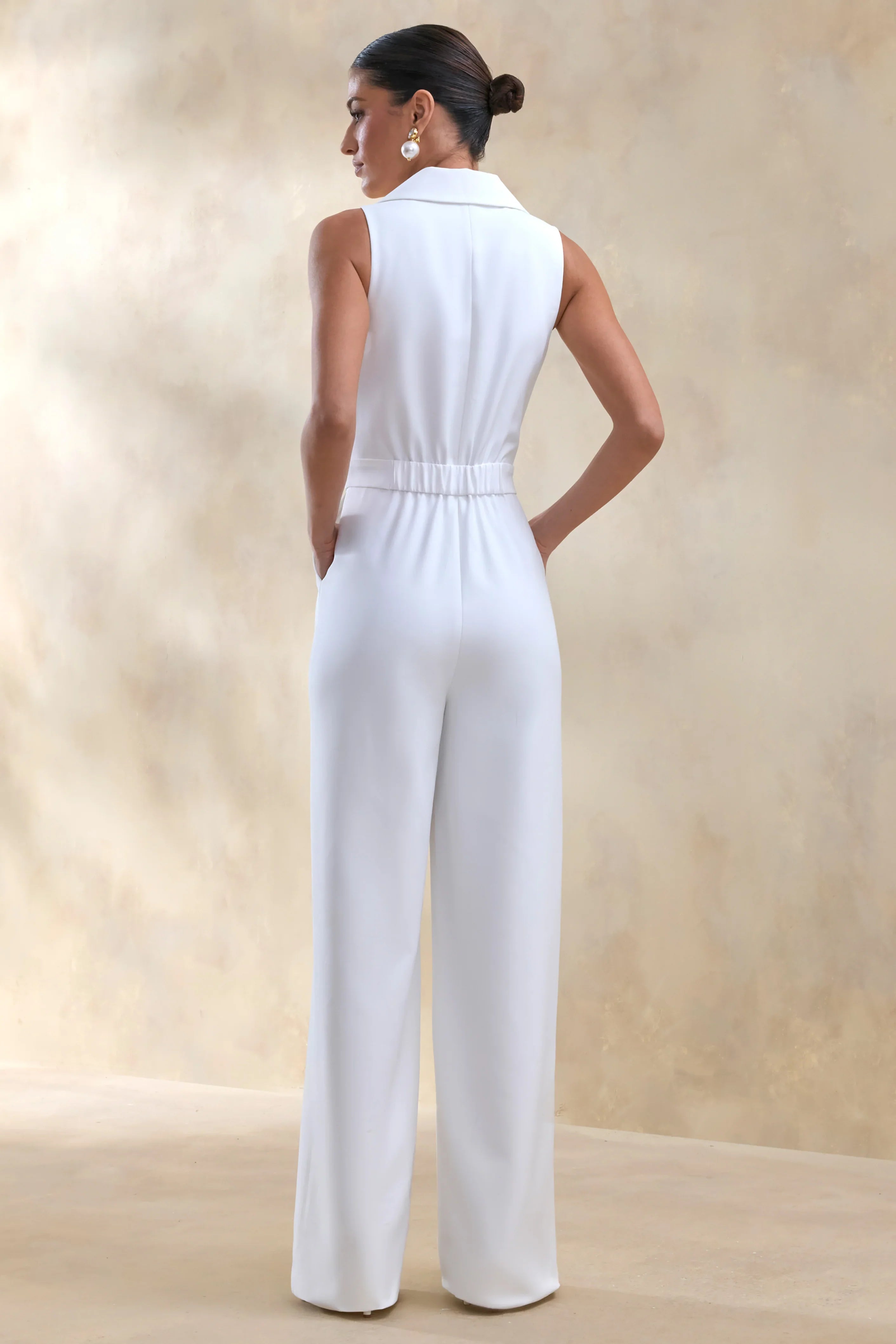 Brillora White Plunge Neck Tailored Jumpsuit