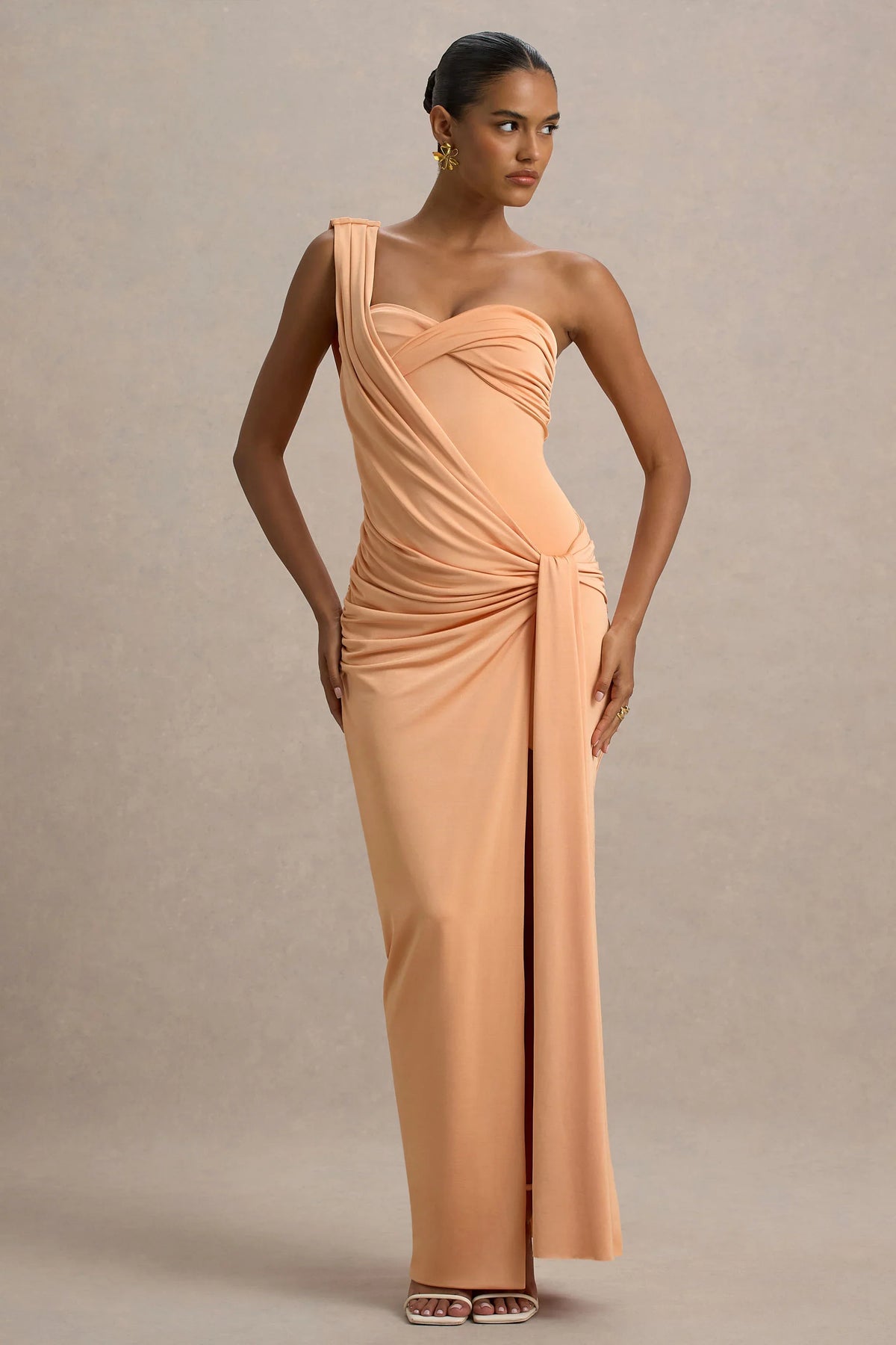 Erminia Peach One Shoulder Twist Wrap Maxi Dress