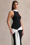 Dorinda Black And White High Neck Maxi Dress With Drape And Scarf Detail