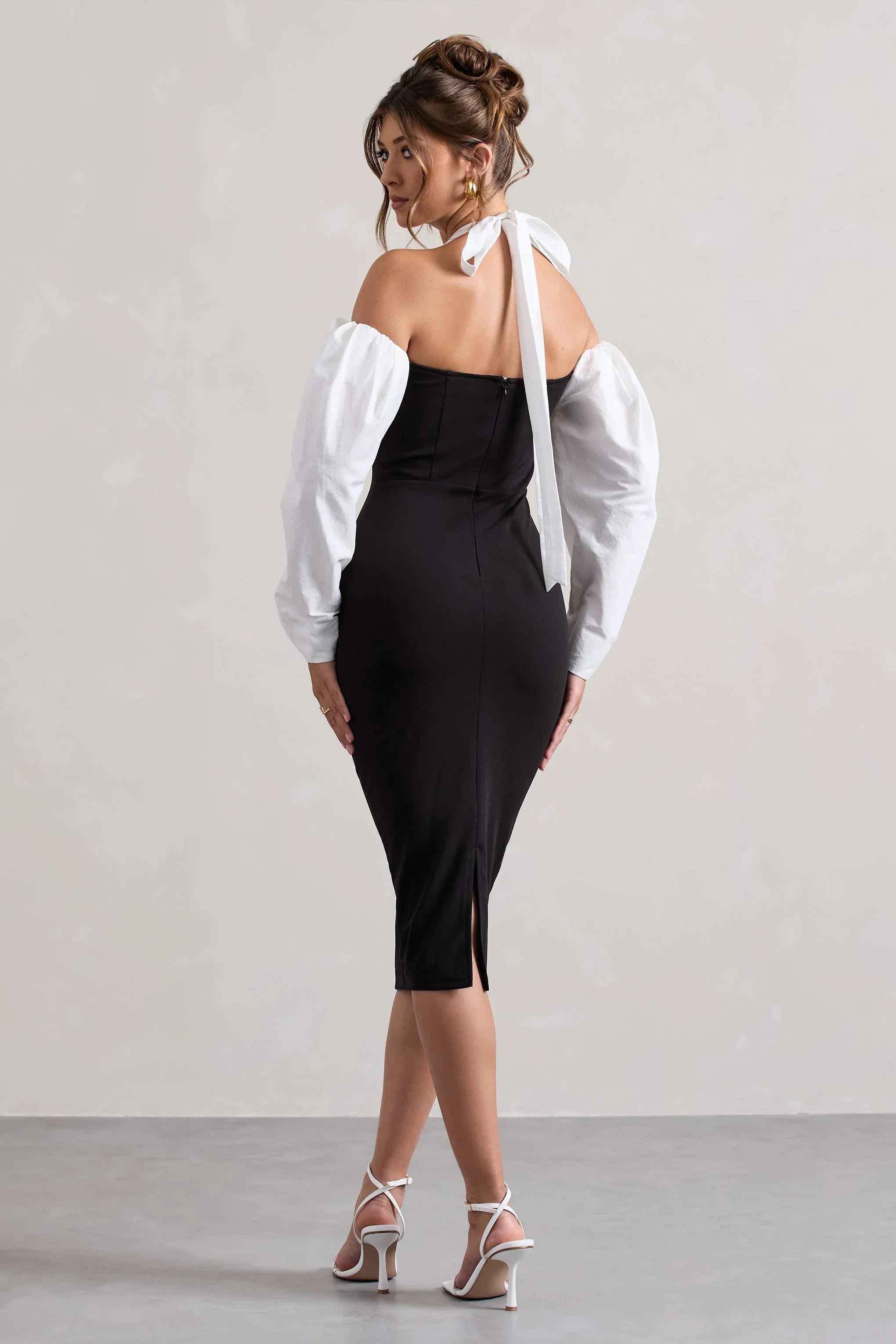 Couture Client Black Halter Neck Puff Sleeve Midi Dress