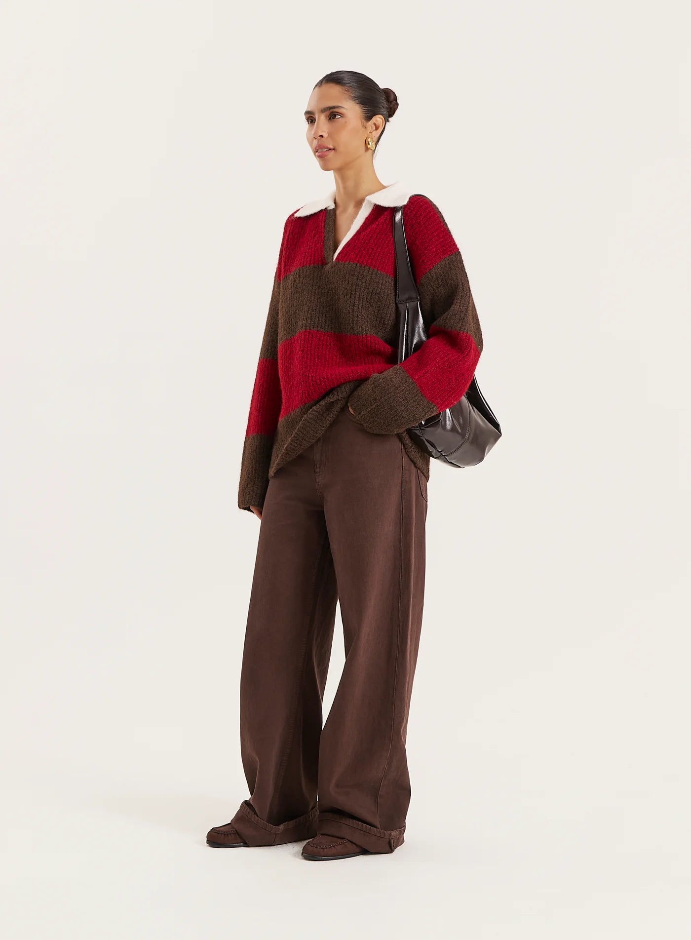 Red And Brown Striped Knitted Polo Jumper