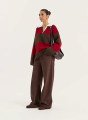 Red And Brown Striped Knitted Polo Jumper