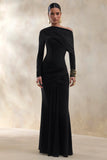 Kessara Black Asymmetric Neck Maxi Dress With Sash And Gathered Detailing