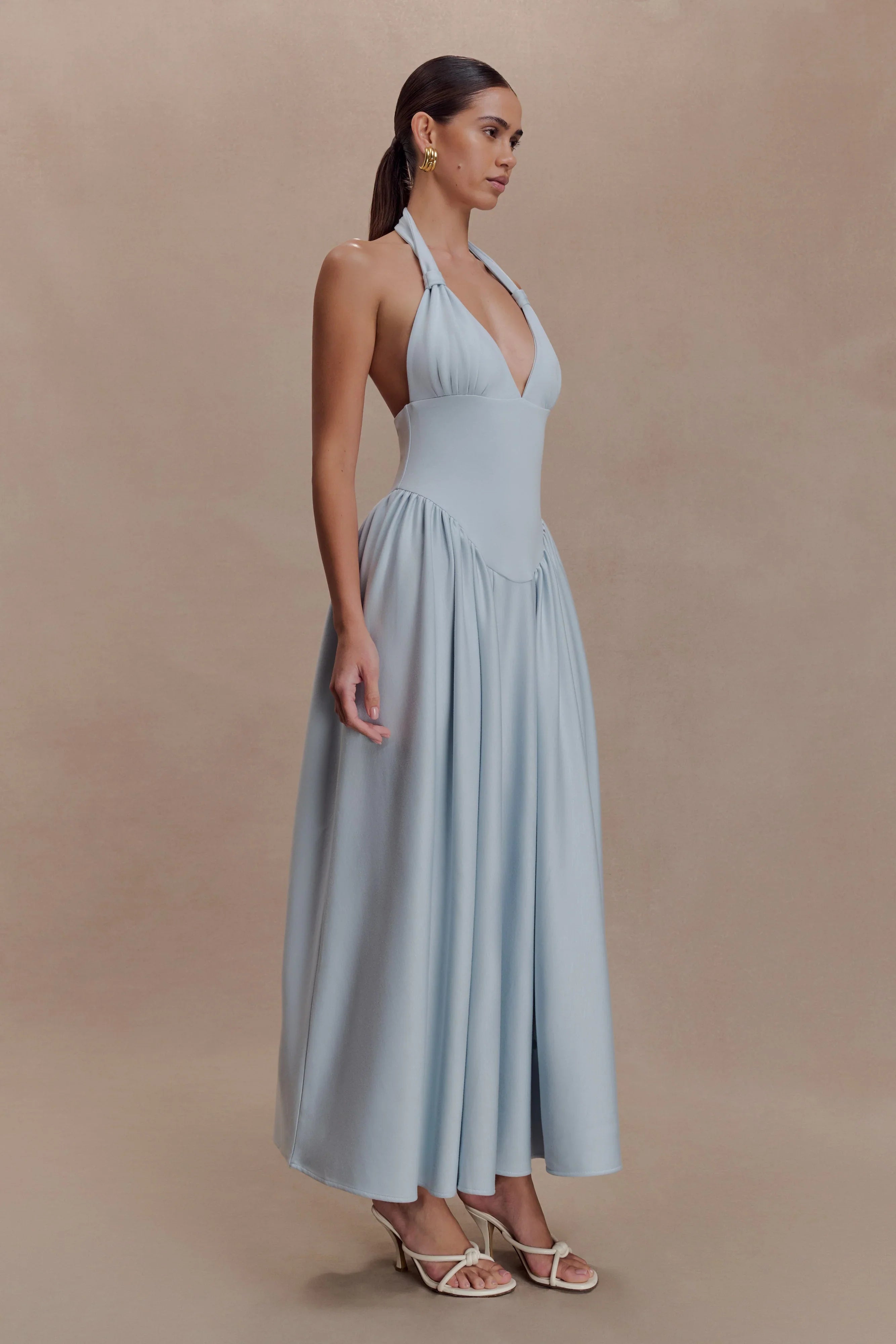 Angelina Scuba Halter Midi Dress Pale Blue